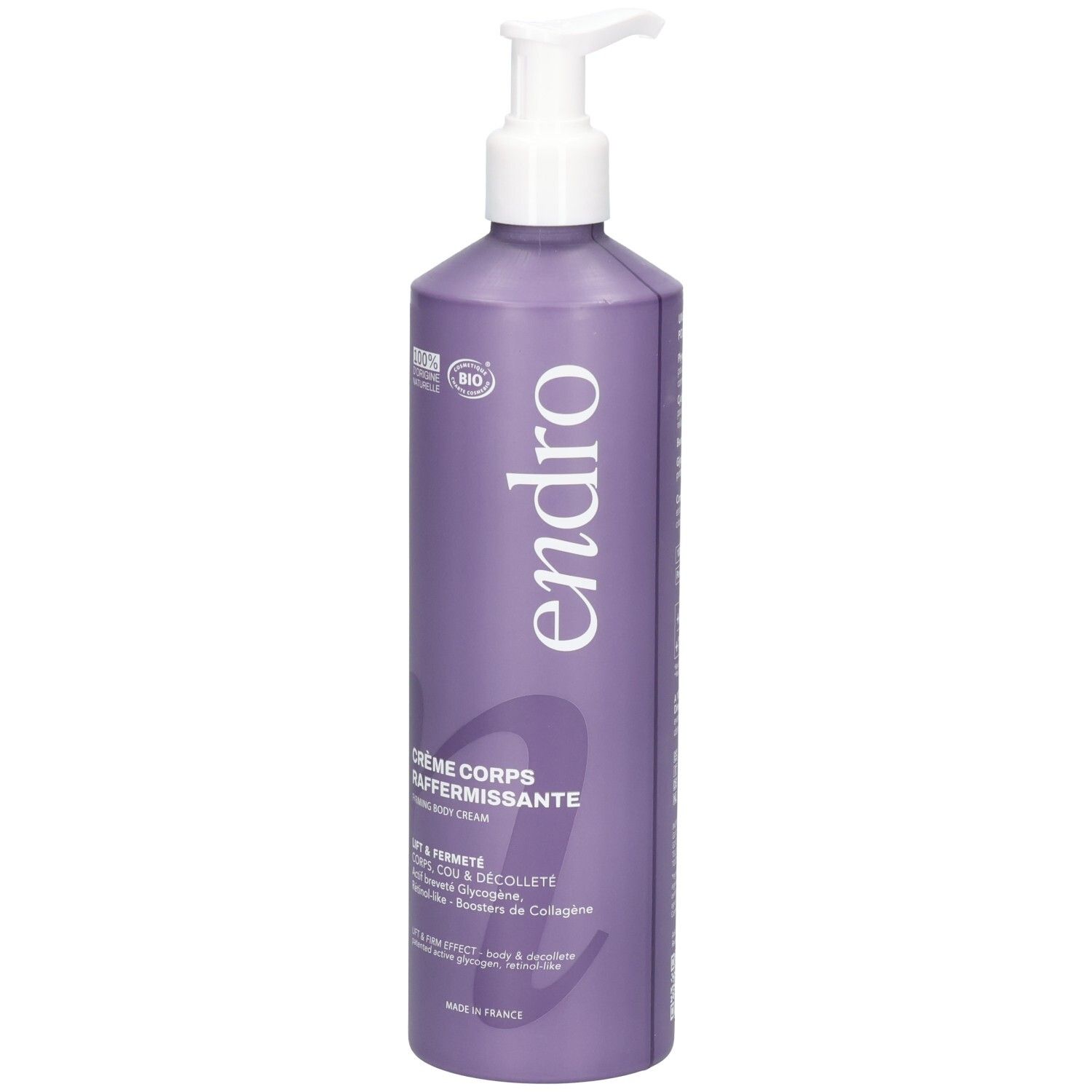 Lila Pumpflasche mit Endro Anti-Aging Körpercreme. 100% natürliche und Bio-Siegel.