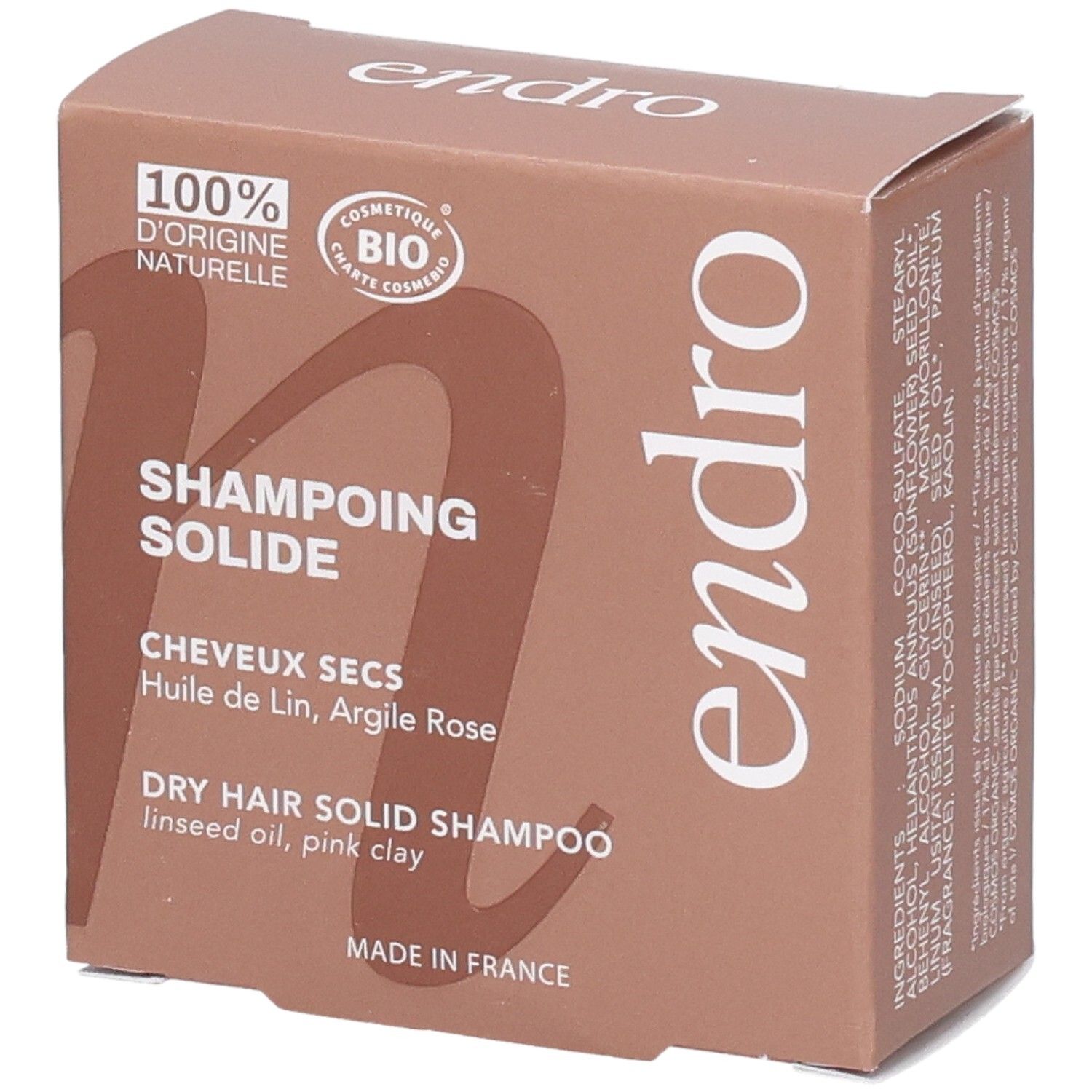 Endro fester Shampoo-Karton für trockenes Haar, mit Leinsamenöl und rosa Tonerde. 100% natürliche Herkunft.