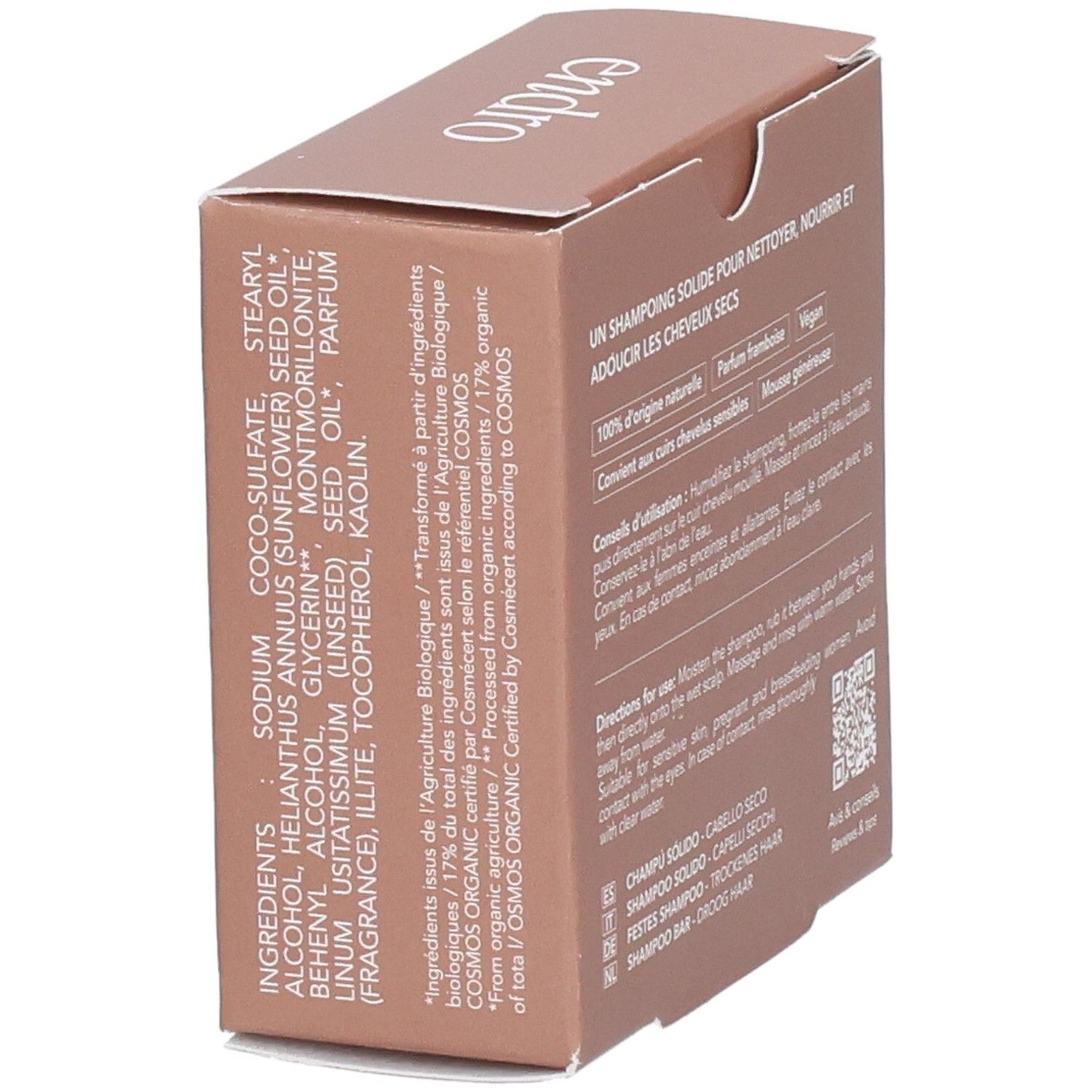 Braune Pappschachtel für ein festes Shampoo mit Inhaltsstoffliste und Anwendungshinweisen.