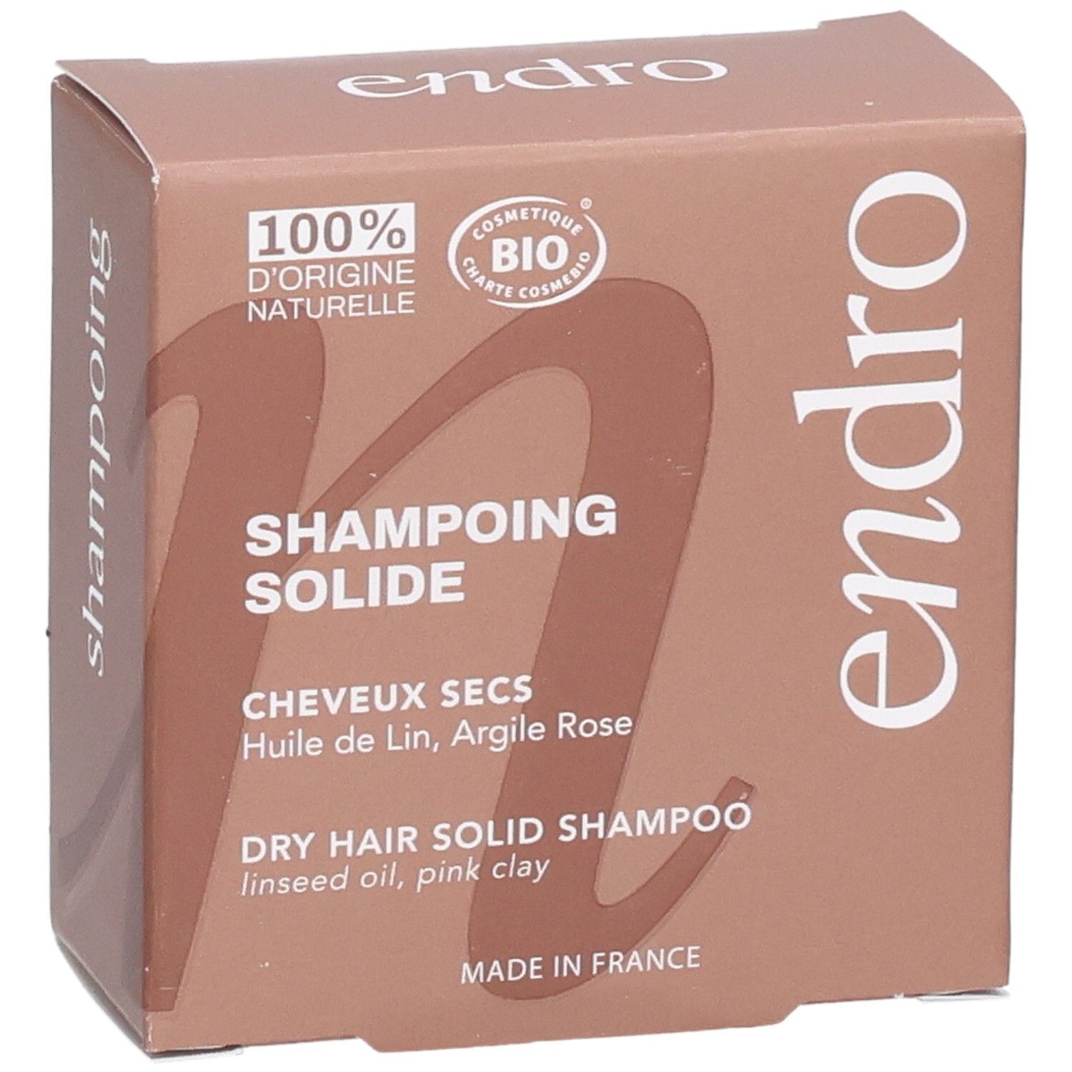 Endro fester Shampoo für trockenes Haar mit Leinöl und rosa Tonerde. 100% natürliche Inhaltsstoffe.