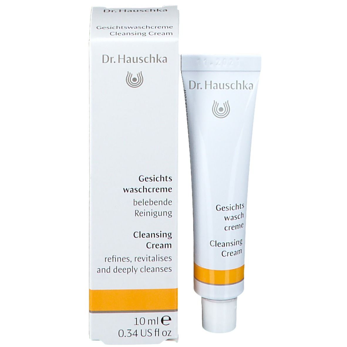 Produktverpackung und Tube. Verpackung: weiß, gelber Streifen, Schriftzug: Dr. Hauschka, Gesichts Waschcreme, Cleansing Cream.