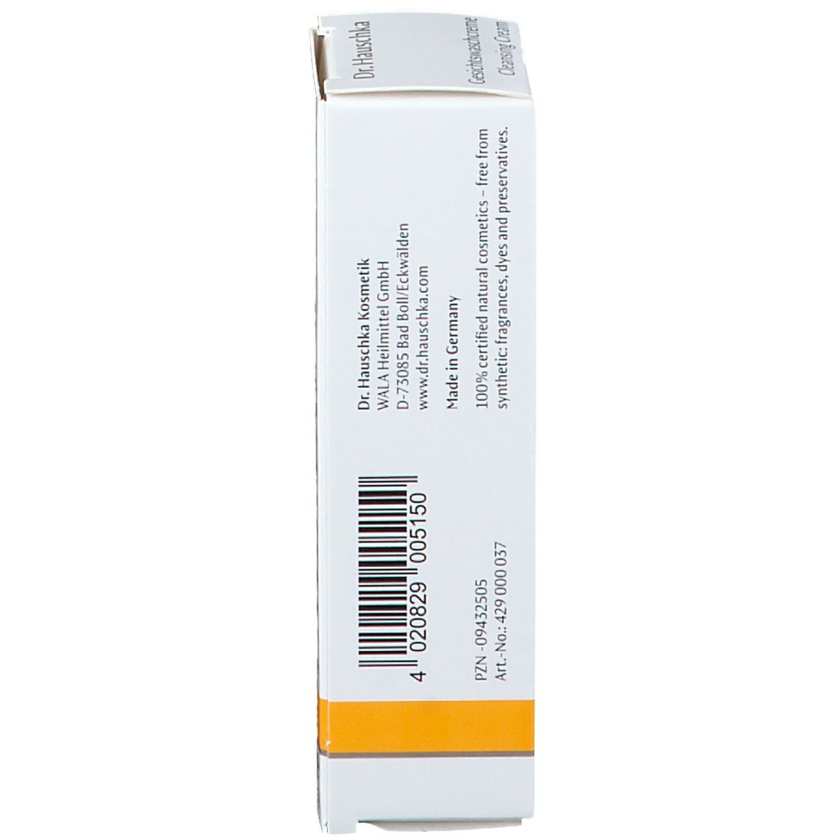 Produktverpackung, Seite. Herstellerinformationen, Barcode, gelber Streifen.