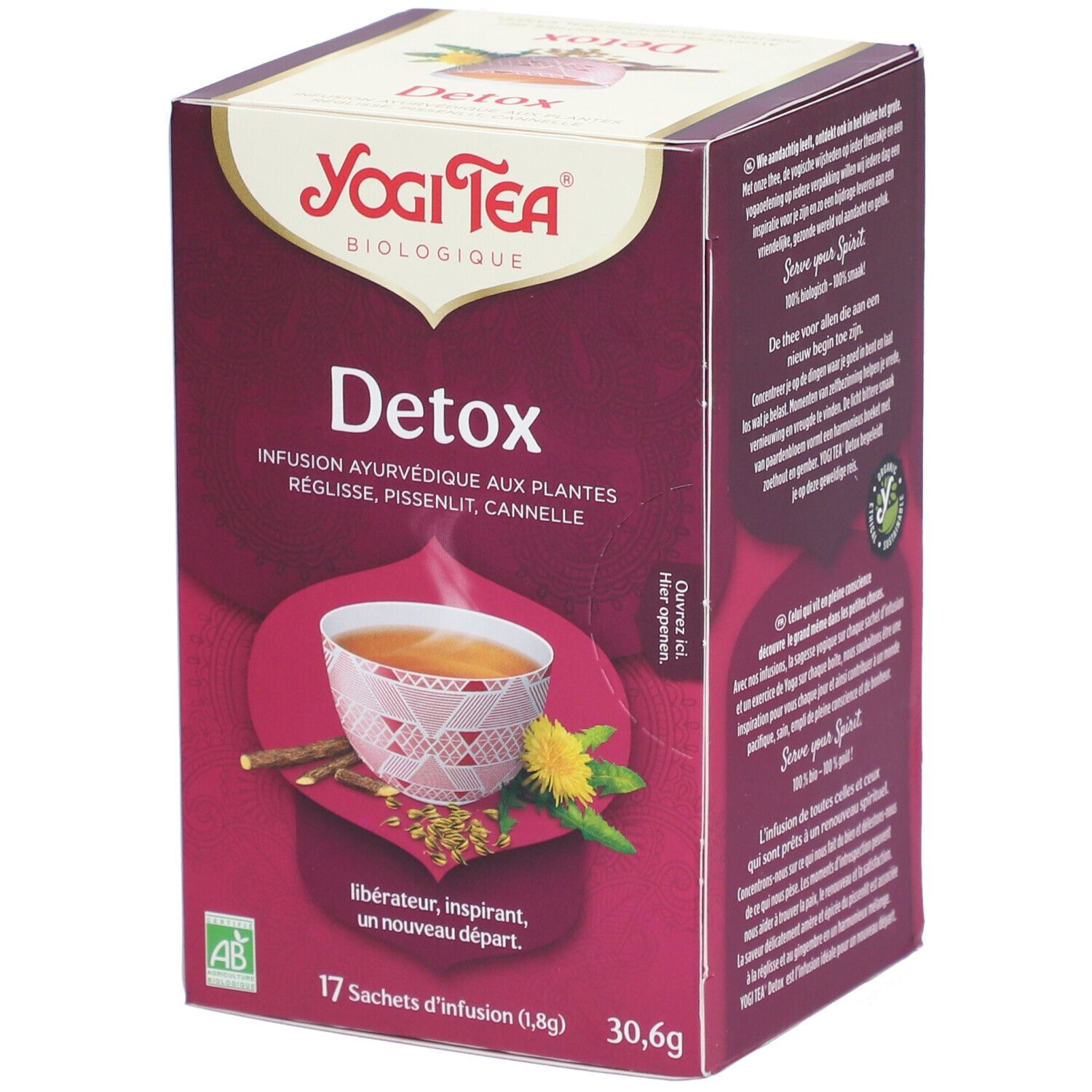 Kartonverpackung mit Yogi Tea® Detox. Aufdrucke: Detox, Kräutertee, 17 Beutel, 30,6g. Logo: AB-Zertifizierung.