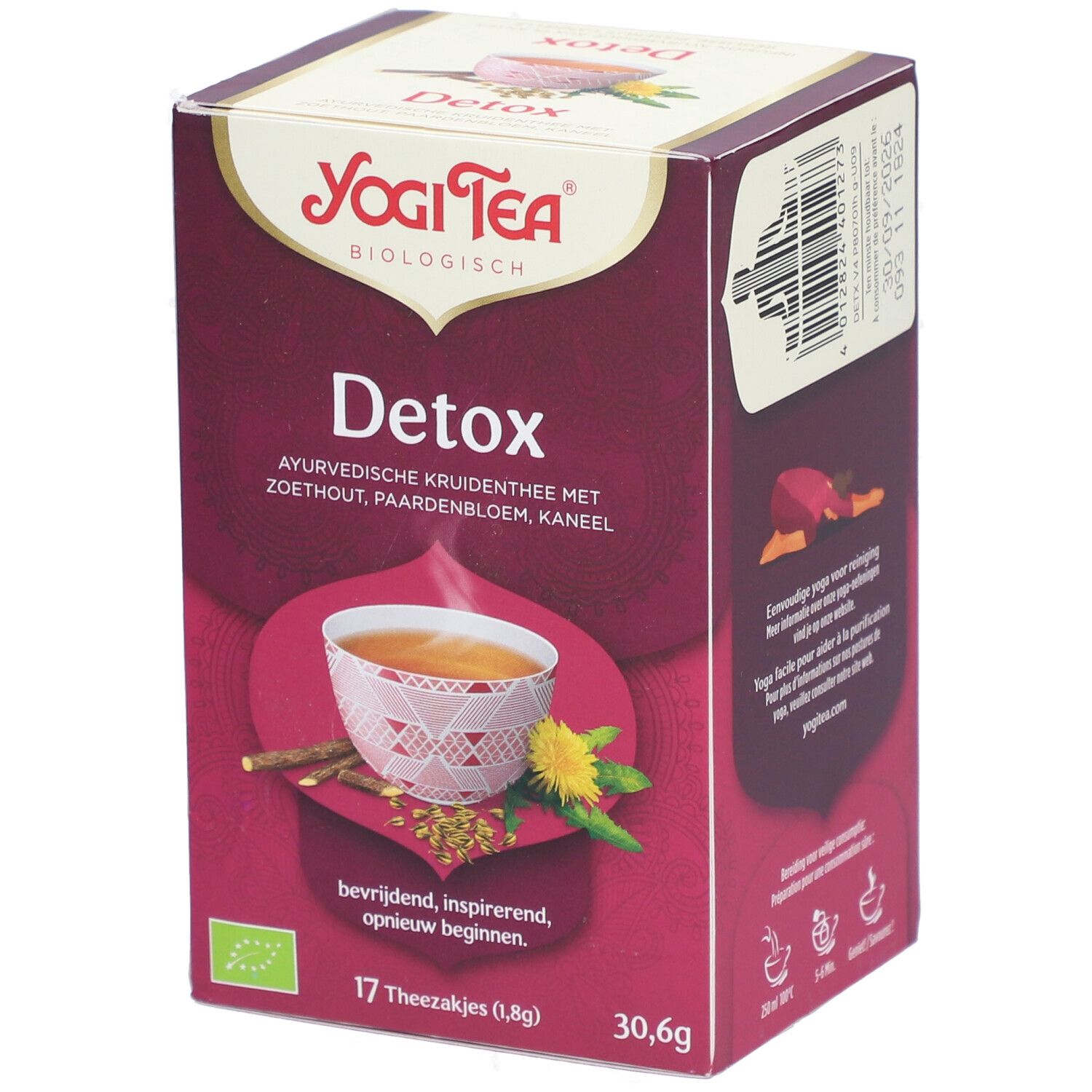 Yogi Tea® Detox Verpackung. Aufdrucke: Detox, ayurvedischer Kräutertee, 17 Teebeutel, 30,6g. Logo: Bio-Zertifizierung.