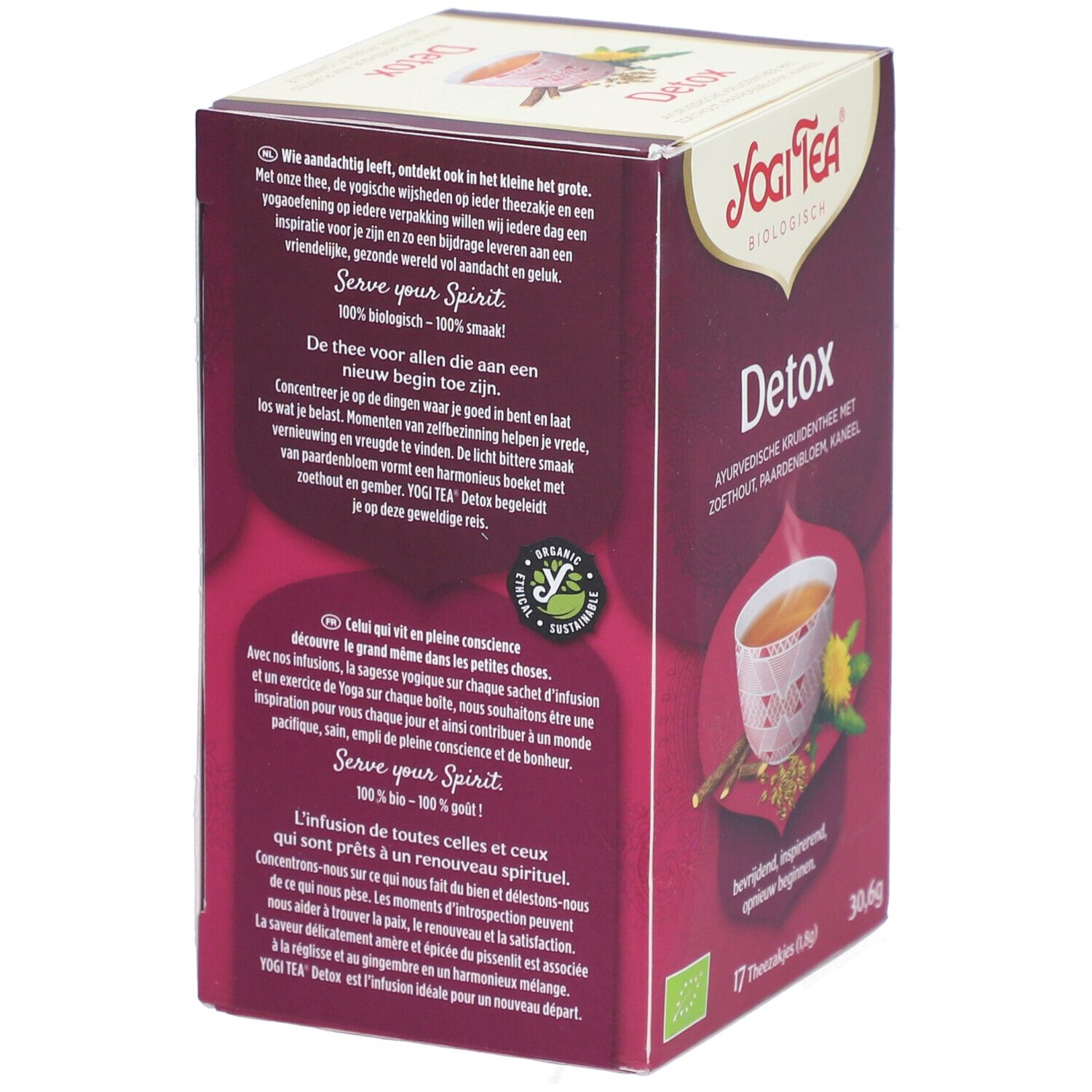 Rückseite der Yogi Tea® Detox Verpackung. Aufdrucke: Detox, Zutaten, Zubereitungshinweise, Logo, Bio-Zertifizierung.
