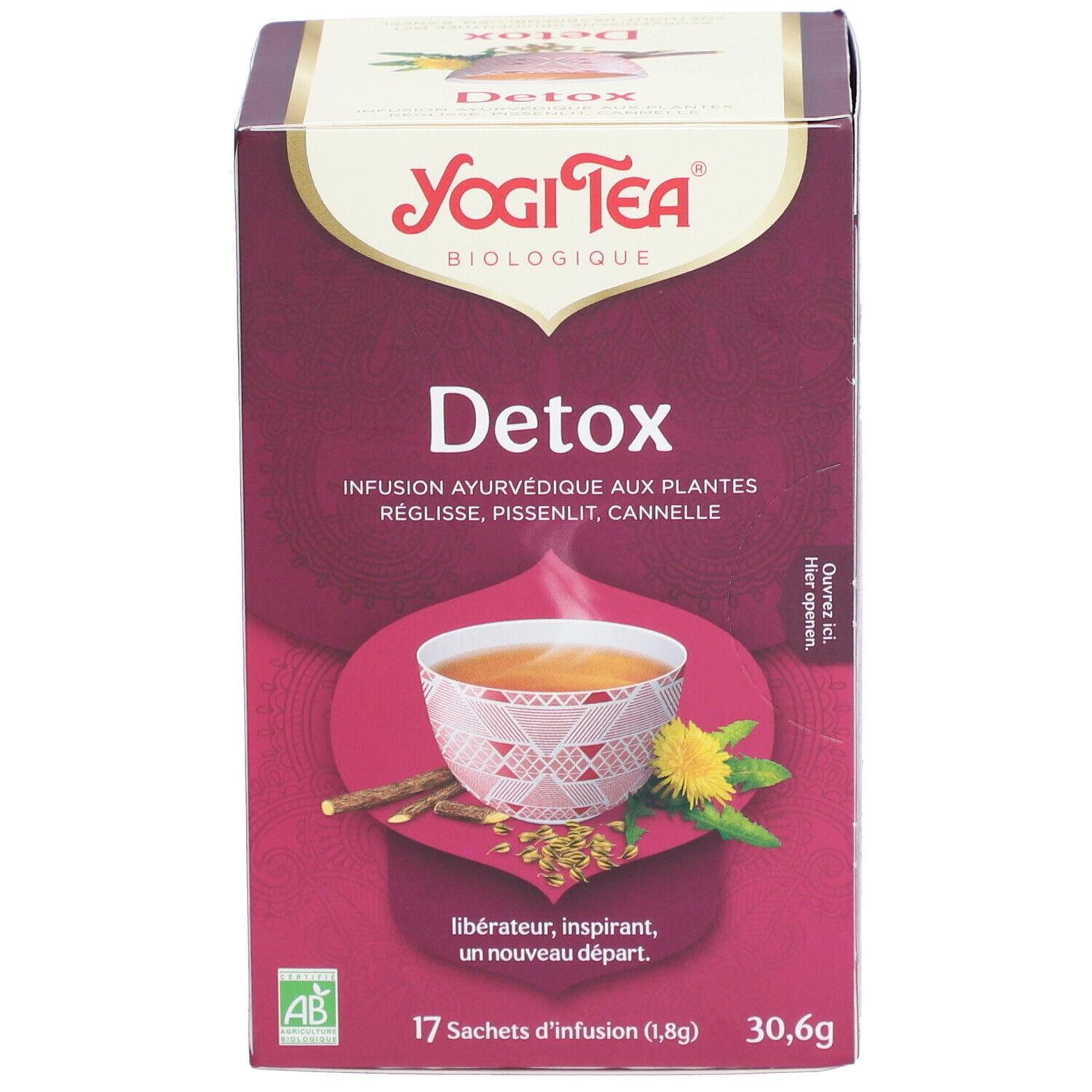 Yogi Tea® Detox Verpackung. Aufdrucke: Detox, Kräutertee, 17 Beutel, 30,6g. Logo: AB-Zertifizierung. Visuelle Darstellung: Tasse Tee.