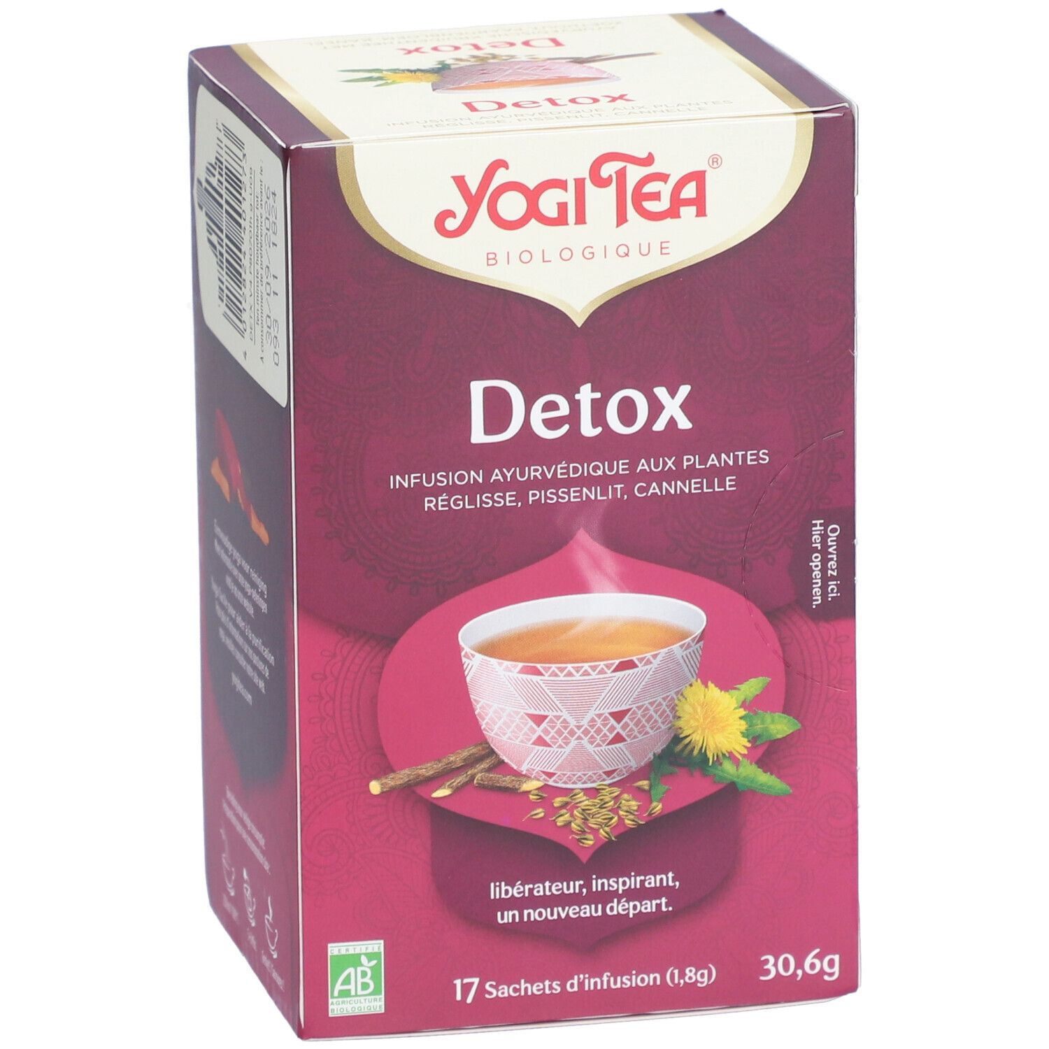 Yogi Tea® Detox Verpackung. Aufdrucke: Detox, Kräutertee, 17 Beutel, 30,6g. Logo: AB-Zertifizierung. Visuelle Darstellung: Tasse Tee.