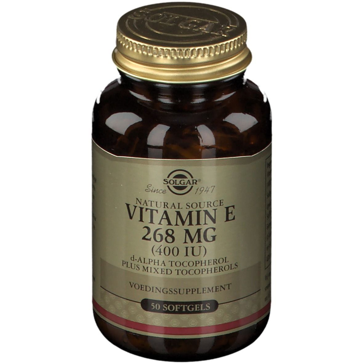 Braune Glasflasche mit goldenem Deckel. Etikett mit "Vitamin E 268 mg (400 IU)" und "50 Softgels". Marke: Solgar.