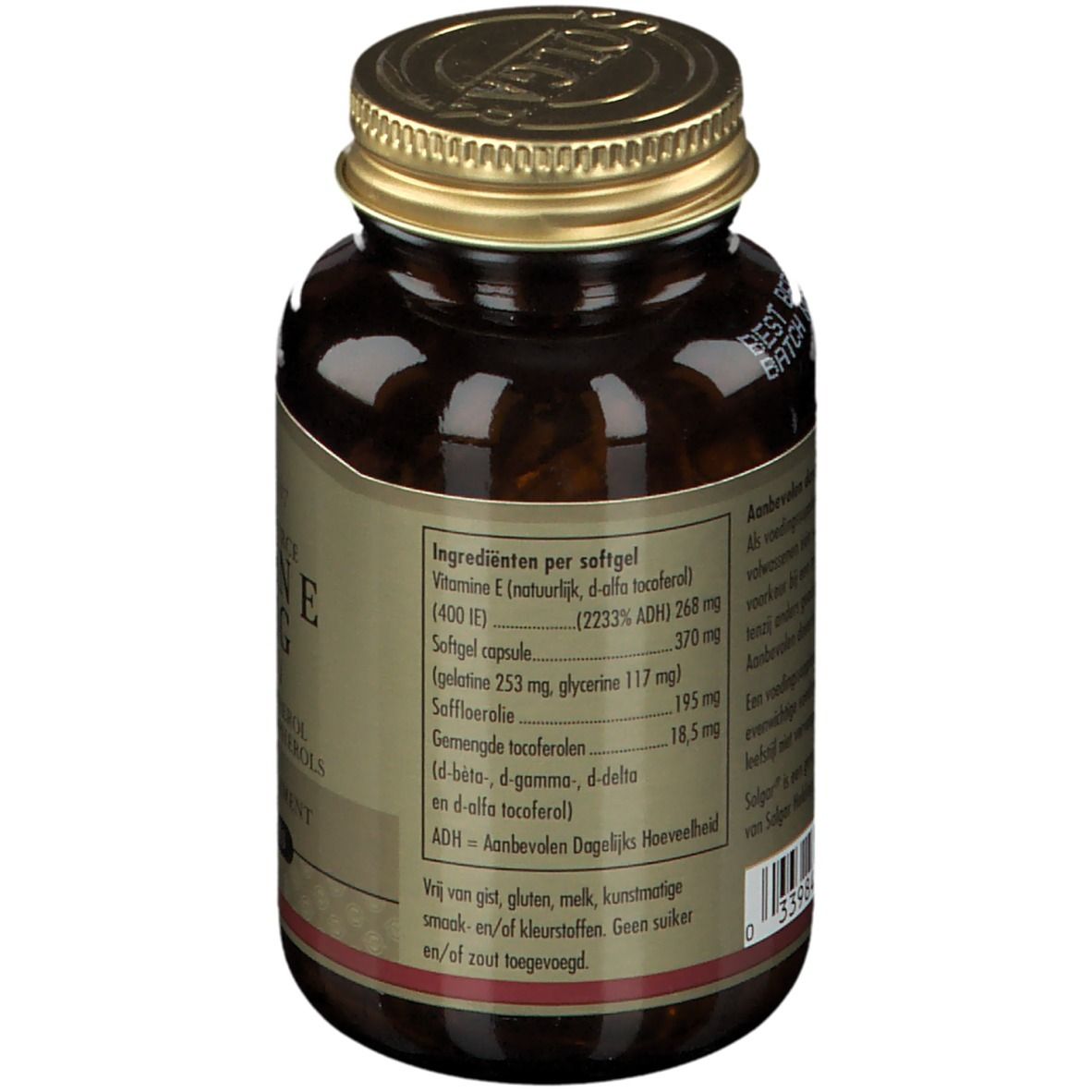 Rückseite der Flasche. Etikett mit Inhaltsstoffen: Vitamin E, Gelatinekapsel, Safloröl, gemischte Tocopherole. Text in Niederländisch.