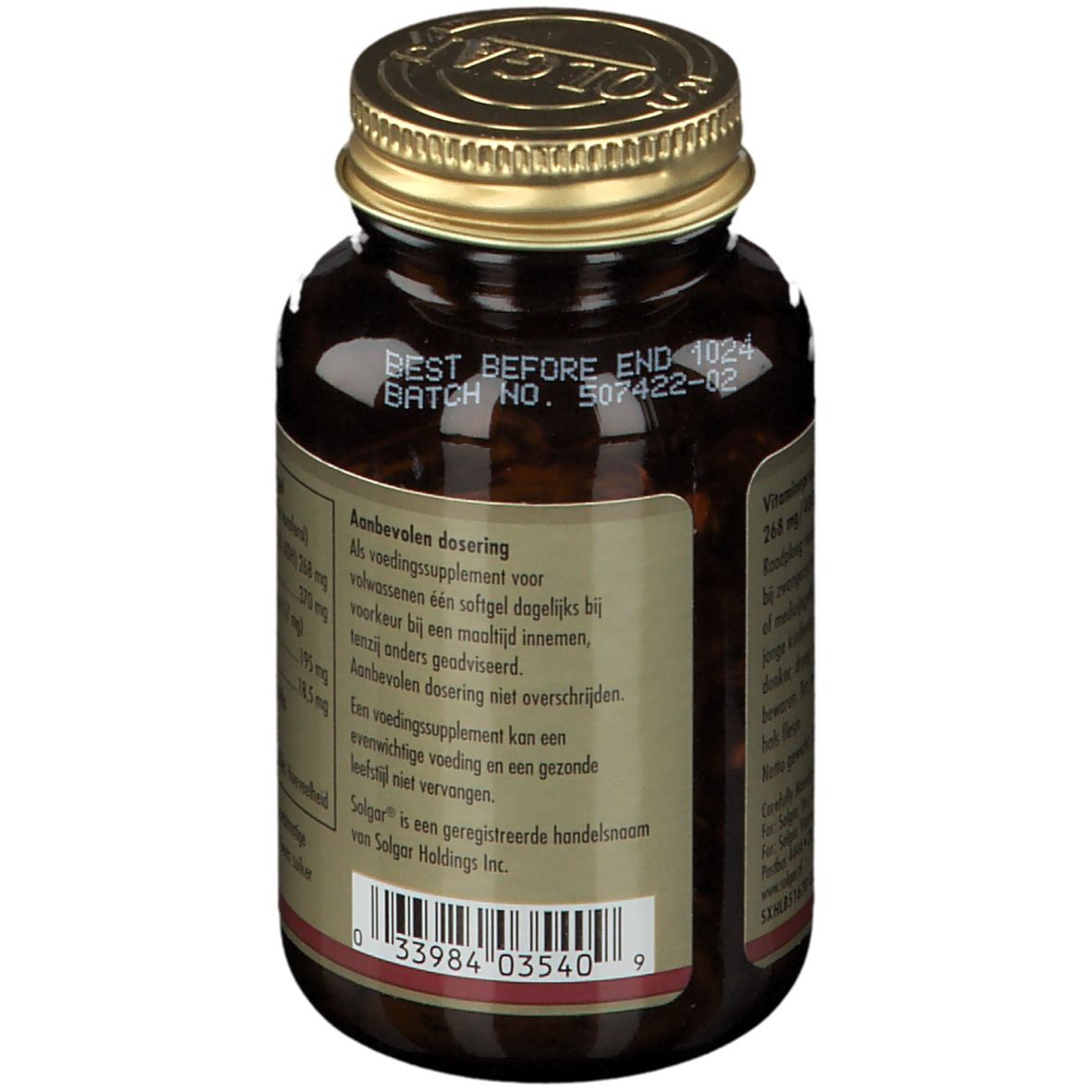 Rückseite der Flasche. Etikett mit Dosierungsempfehlung und Barcode. Text in Niederländisch. Mindesthaltbarkeitsdatum: 1024.