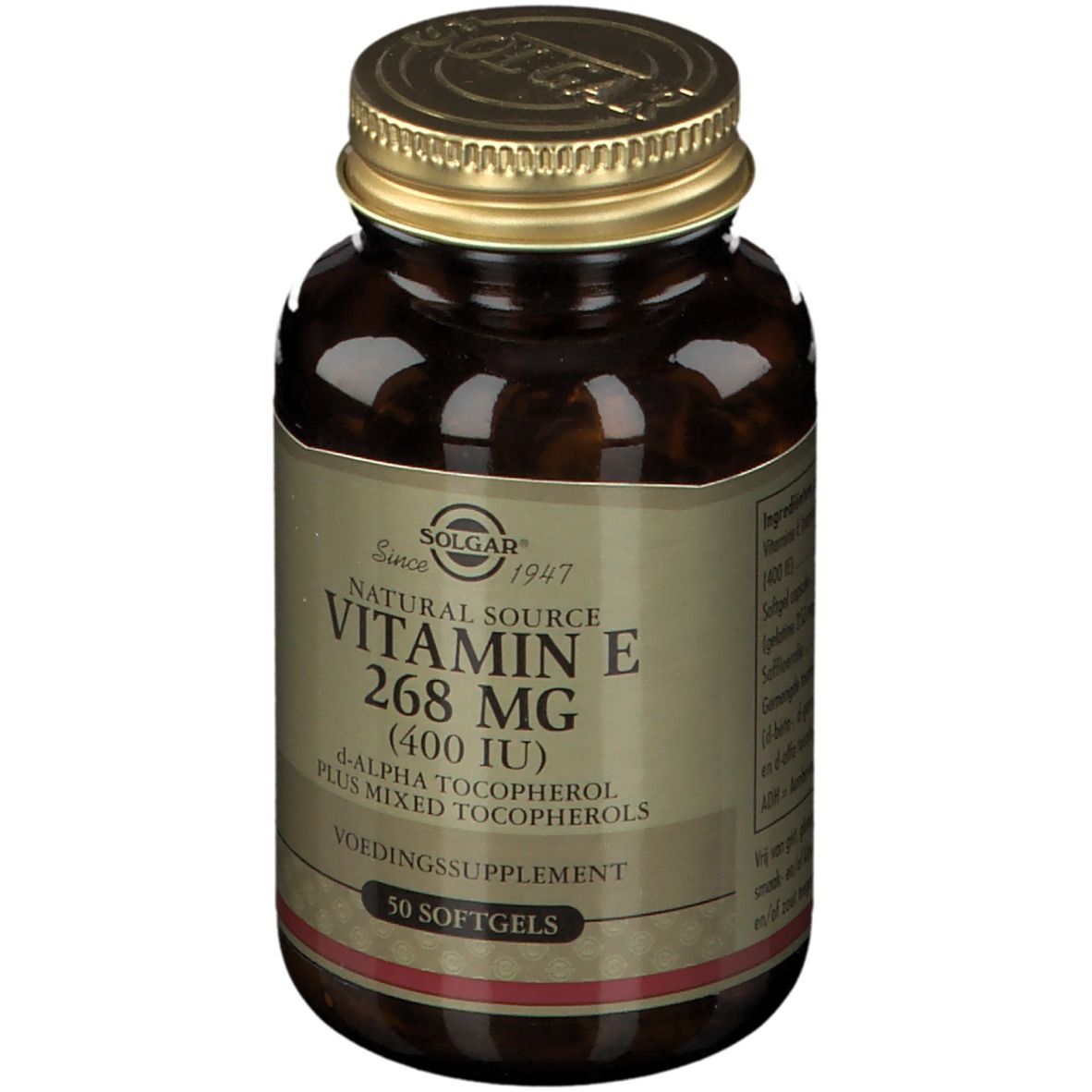 Braune Glasflasche mit goldenem Deckel. Etikett mit "Vitamin E 268 mg (400 IU)" und "50 Softgels". Marke: Solgar.