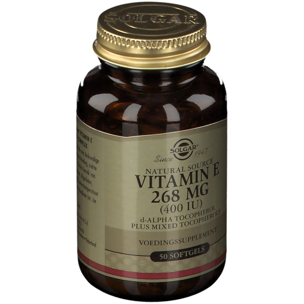 Braune Glasflasche mit goldenem Deckel. Etikett mit "Vitamin E 268 mg (400 IU)" und "50 Softgels". Marke: Solgar.