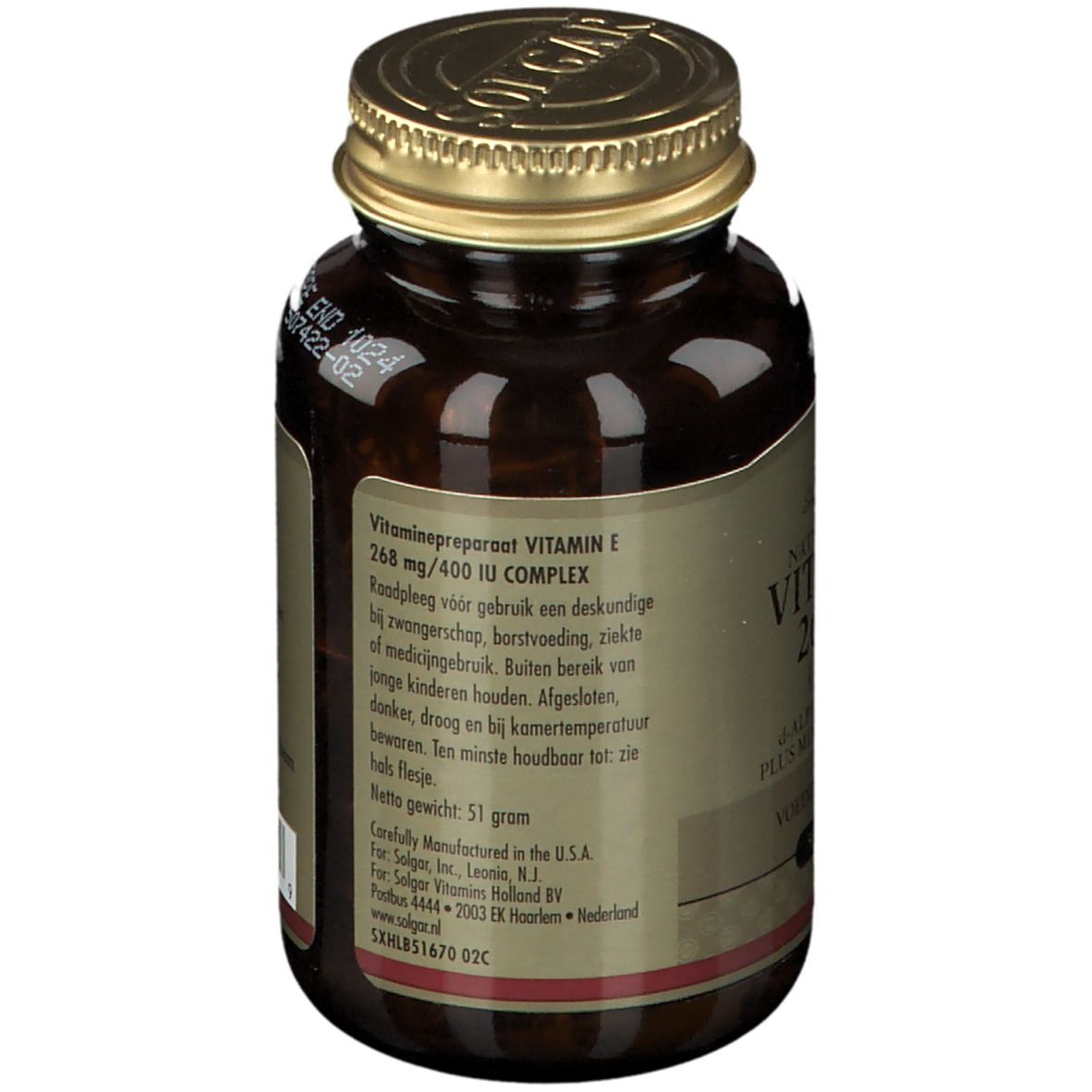 Rückseite der Flasche. Etikett mit Informationen zu Vitamin E, Gebrauchsanweisung und Gewicht. Text in Niederländisch.