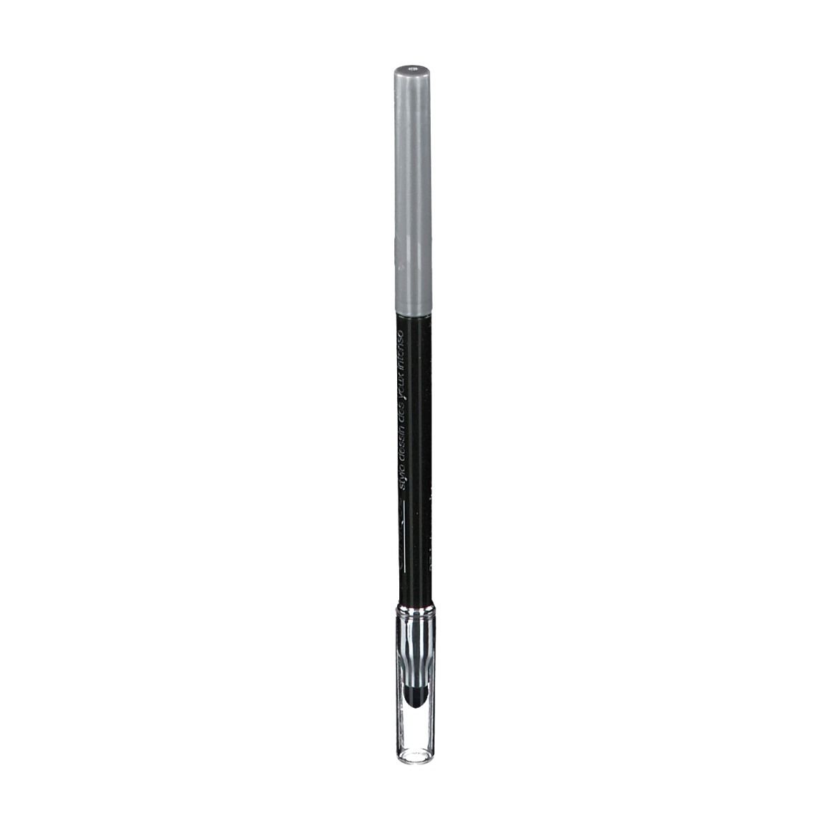 Schwarzer Eyeliner-Stift mit silberner Kappe. Spitze und Stiftkörper sind schwarz. Der Stift hat eine transparente Spitze.