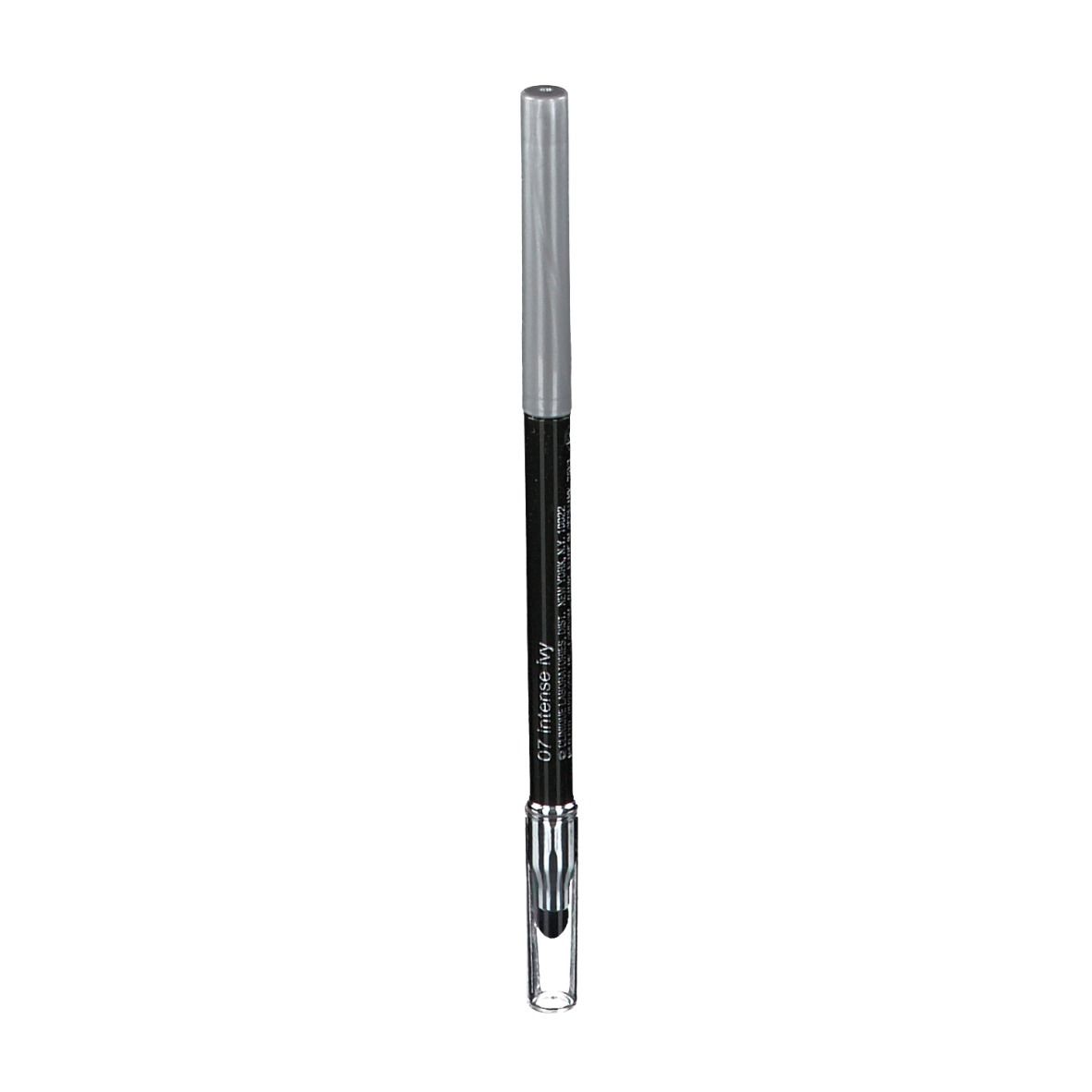 Schwarzer Eyeliner-Stift mit silberner Kappe. Spitze und Stiftkörper sind schwarz. Der Stift hat eine transparente Spitze.