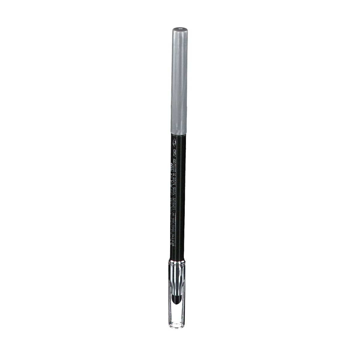 Schwarzer Eyeliner-Stift mit silberner Kappe. Spitze und Stiftkörper sind schwarz. Der Stift hat eine transparente Spitze.