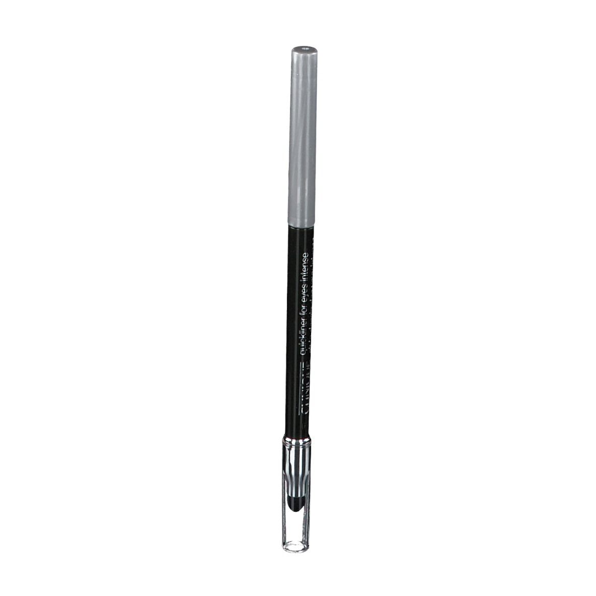 Schwarzer Eyeliner-Stift mit silberner Kappe. Spitze und Stiftkörper sind schwarz. Der Stift hat eine transparente Spitze.