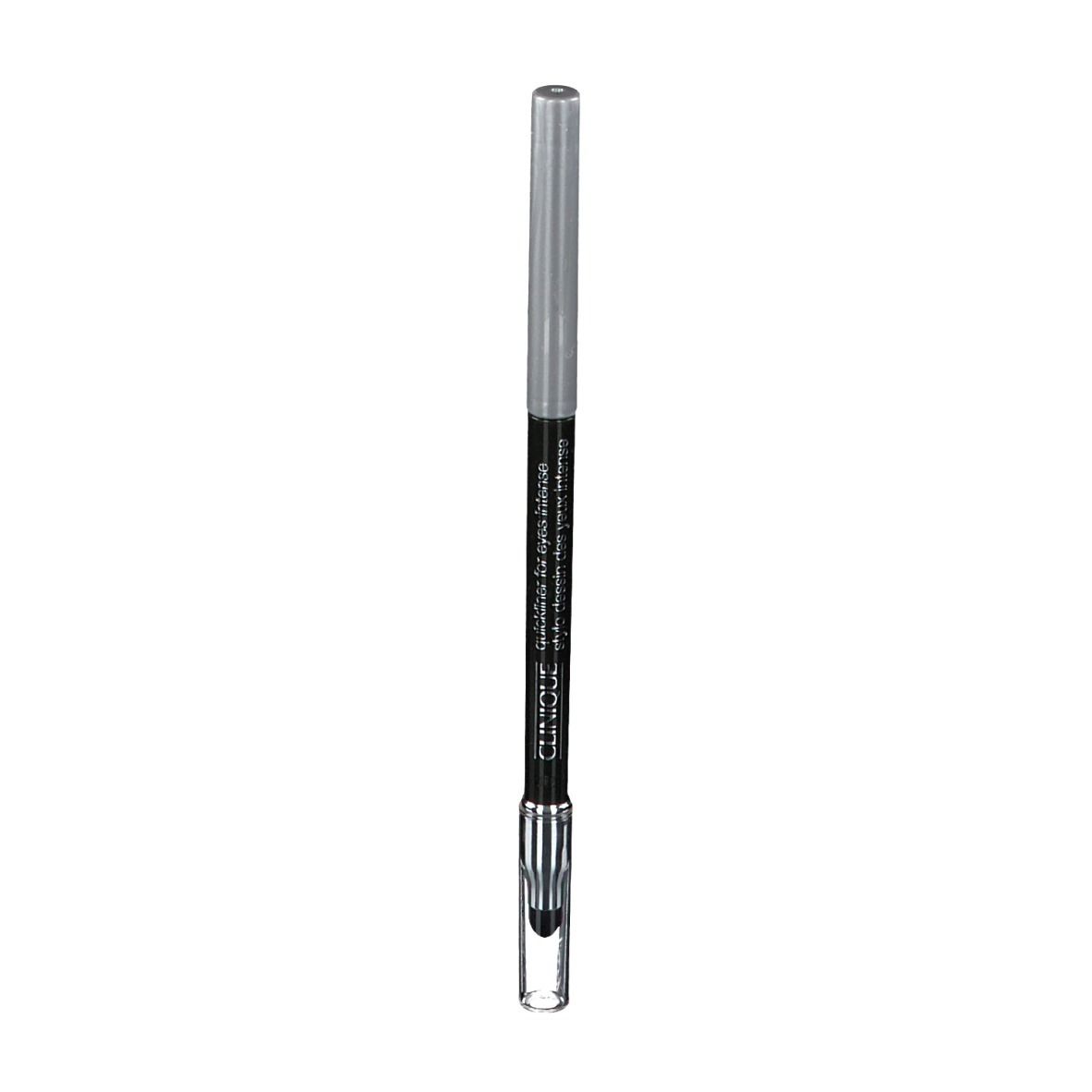 Schwarzer Eyeliner-Stift mit silberner Kappe. Spitze und Stiftkörper sind schwarz. Der Stift hat eine transparente Spitze.