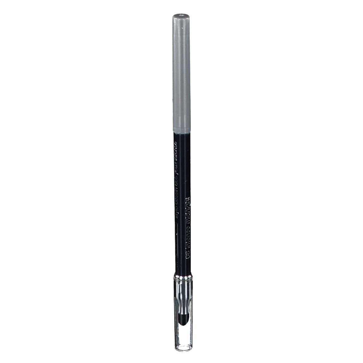 Schwarzer Eyeliner-Stift mit silberner Kappe und transparentem Applikator. Text: CLINIQUE Quickliner for Eyes Intense.