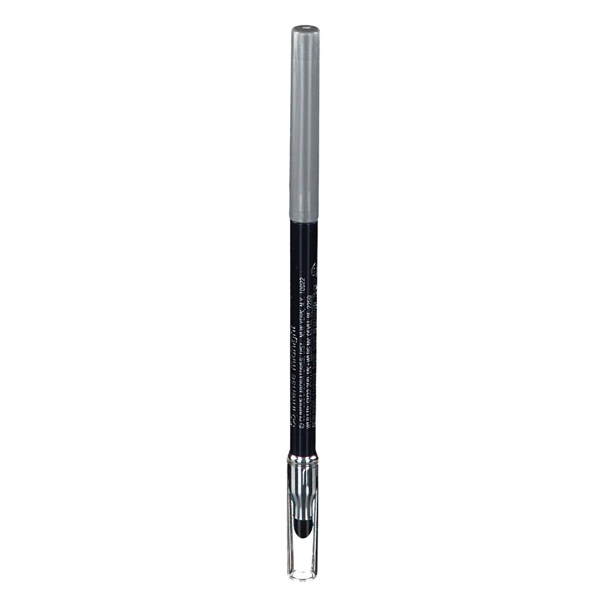 Schwarzer Eyeliner-Stift mit silberner Kappe und transparentem Applikator. Text: CLINIQUE Quickliner for Eyes Intense.