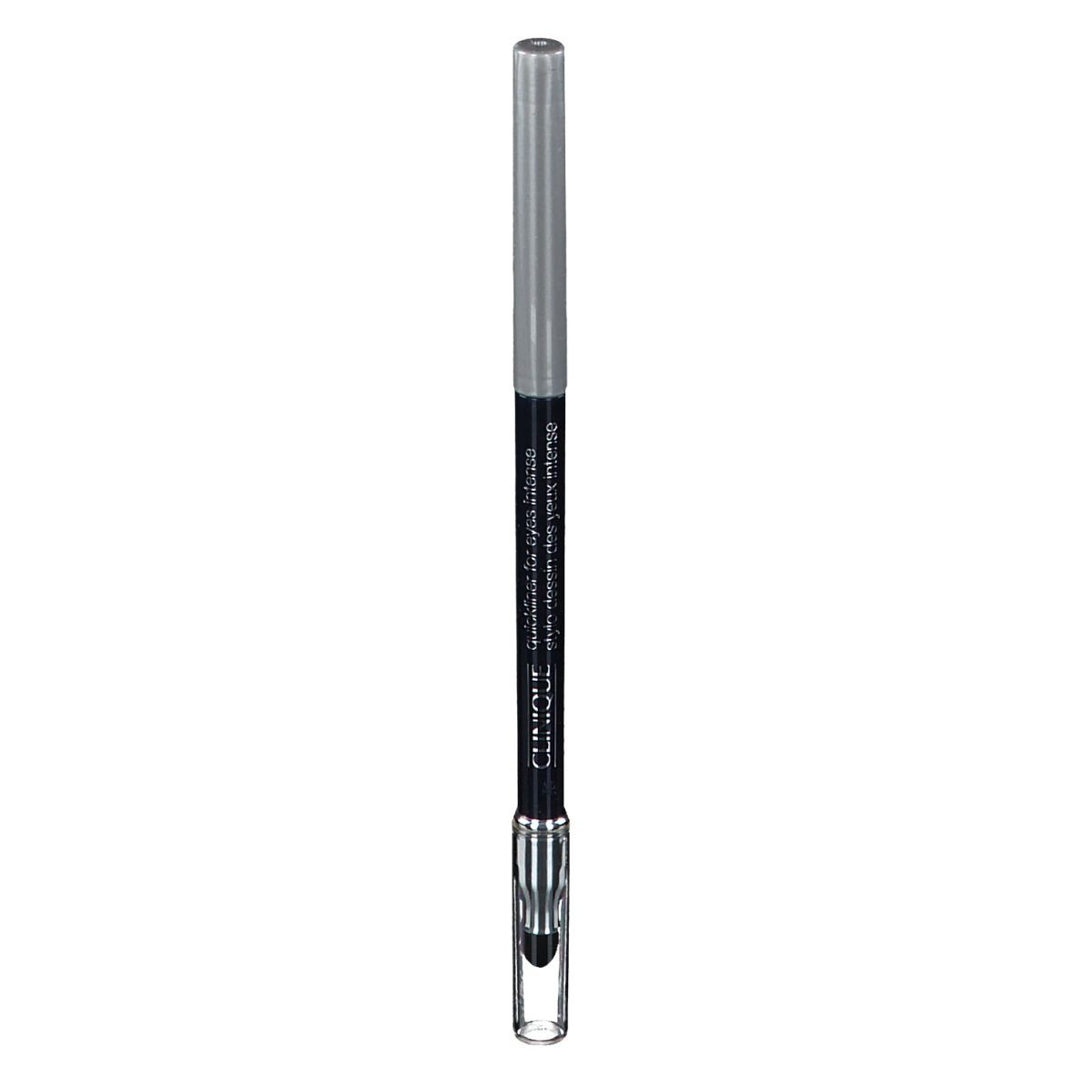Schwarzer Eyeliner-Stift mit silberner Kappe und transparentem Applikator. Text: CLINIQUE Quickliner for Eyes Intense.