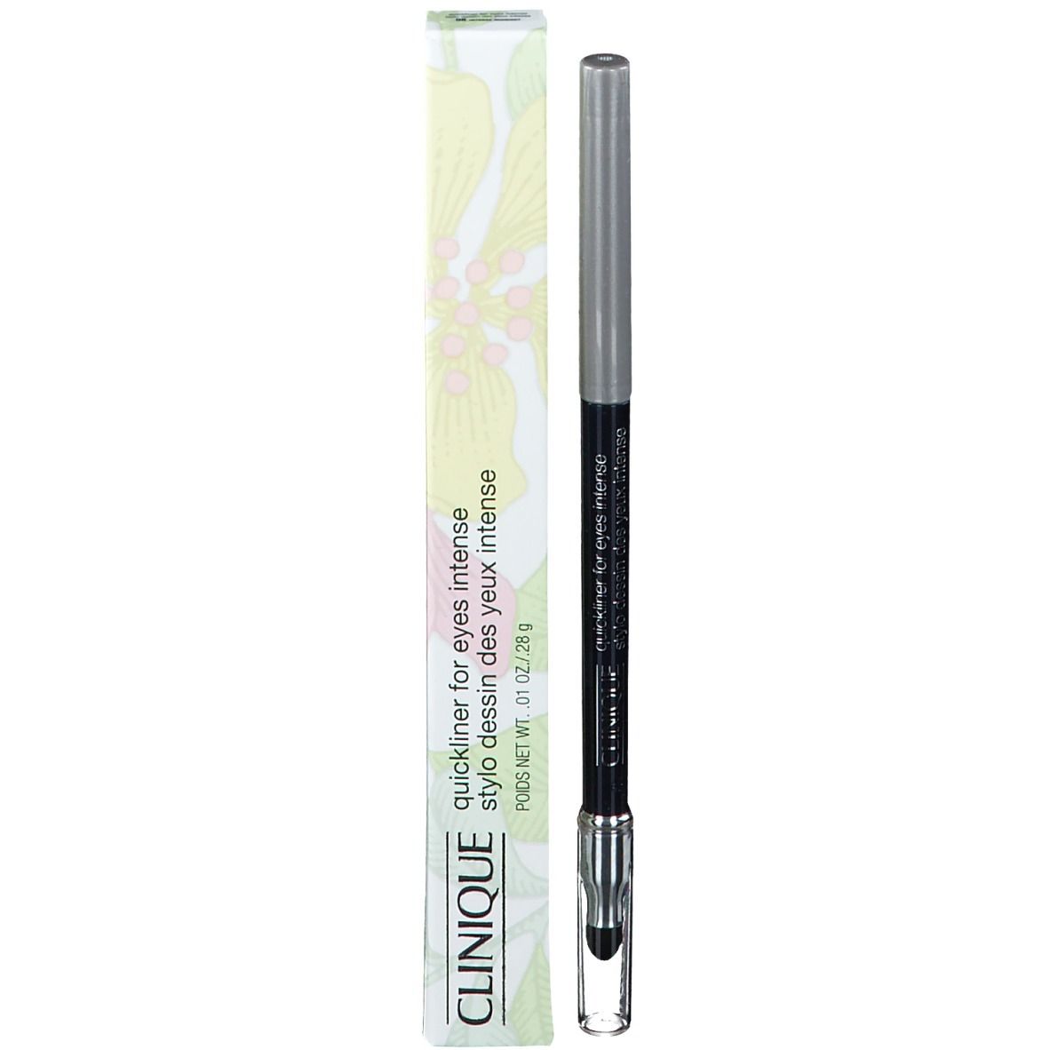 Eyeliner-Stift und Verpackung. Verpackung: Weiß mit grünem Muster. Text: CLINIQUE Quickliner for Eyes Intense.