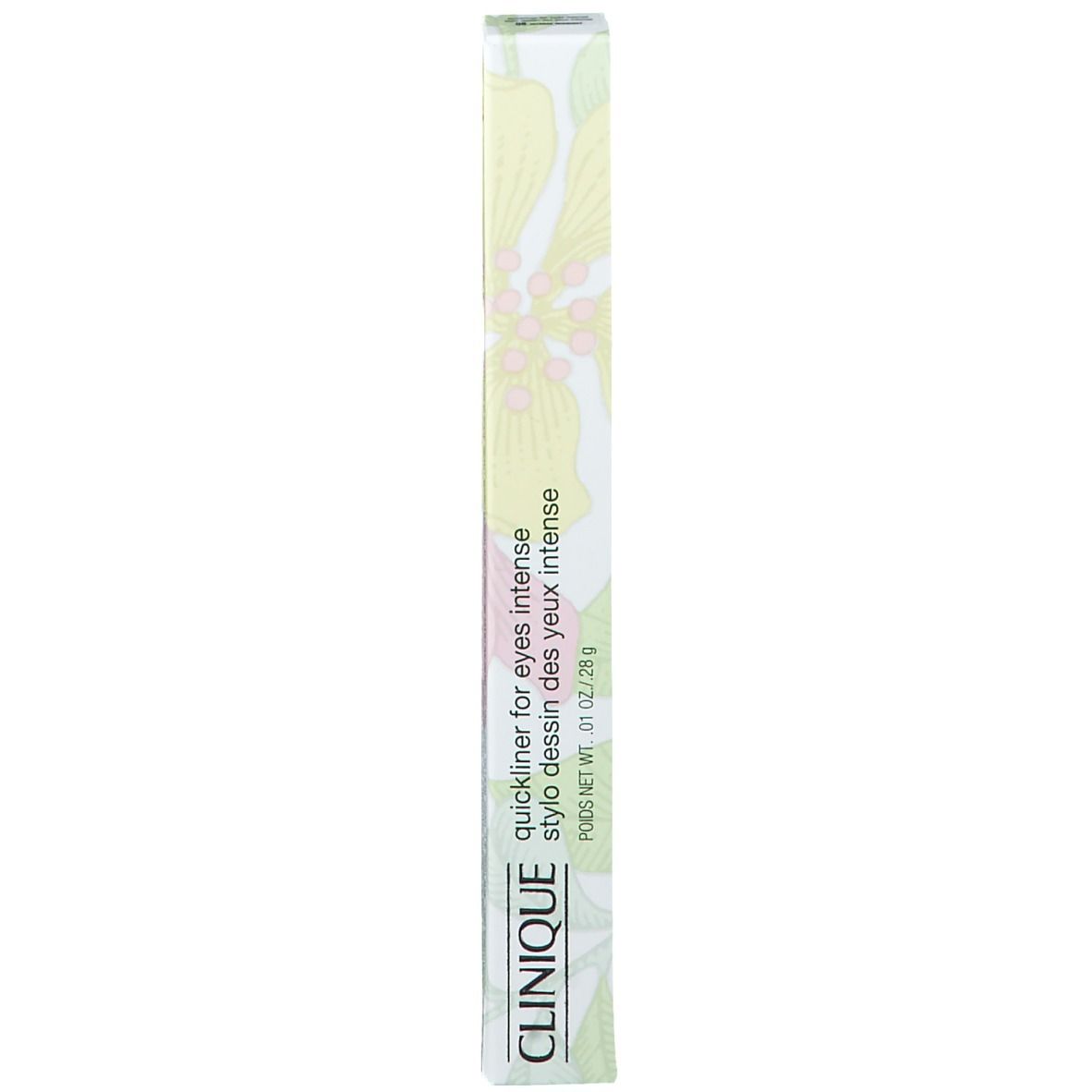 Verpackung für Eyeliner-Stift. Weiß mit grünem Muster. Text: CLINIQUE Quickliner for Eyes Intense, stylo dessin des yeux intense.