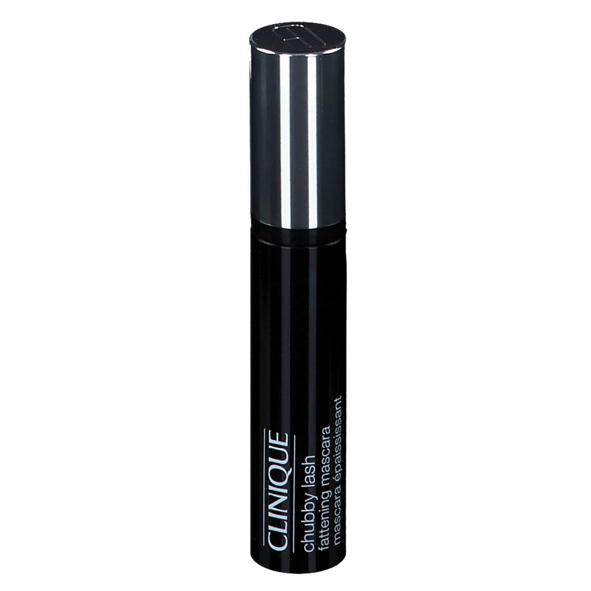 Schwarze Mascarahülse mit silberner Kappe. Aufschrift: CLINIQUE chubby lash fattening mascara.