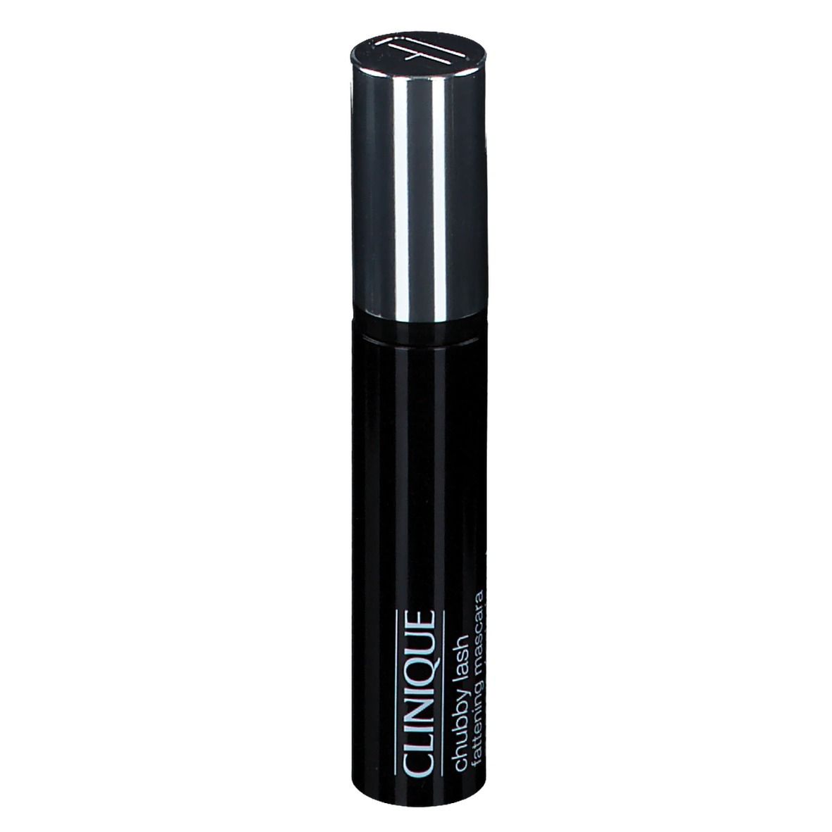 Schwarze Mascarahülse mit silberner Kappe. Aufschrift: CLINIQUE chubby lash fattening mascara.