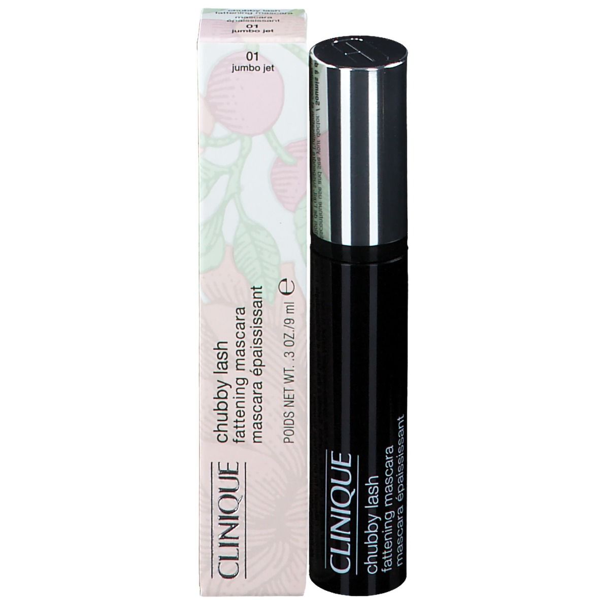 Mascara mit Verpackung. Schwarze Mascarahülse, silberne Kappe. Verpackung: rosa, weiß, mit Text und Illustration.