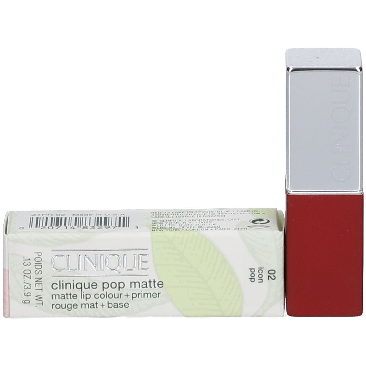 Lippenstift und Verpackung. Auf der Verpackung steht „CLINIQUE pop matte lip colour + primer“.