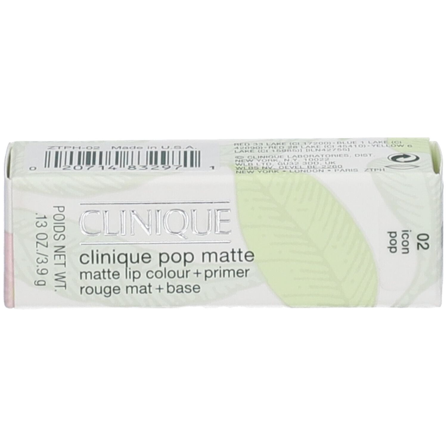 Verpackung mit Produktnamen „CLINIQUE pop matte lip colour + primer“. Gewicht: 13 oz/3.9 g.