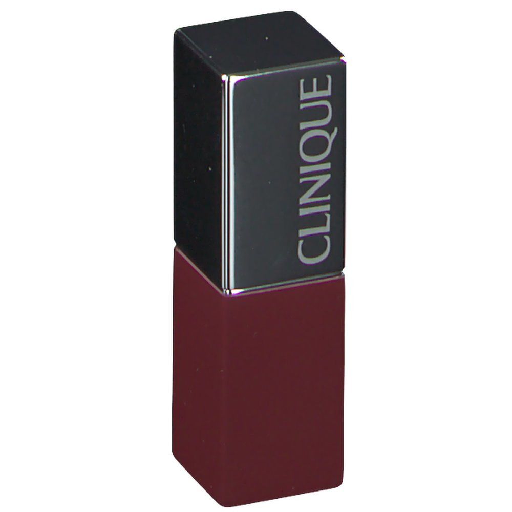 Lippenstift mit quadratischer Form. Der Deckel ist silberfarben mit dem Markennamen CLINIQUE. Der Lippenstiftkörper ist dunkelrot.