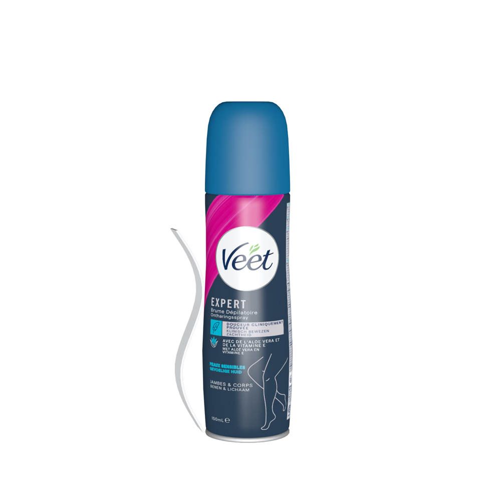 Veet Expert Enthaarungsspray. Blaue Kappe, graue Dose. Aufschrift: Douceur Cliniquement Prouvée, Aloe Vera & Vitamin E, Peaux Sensibles.