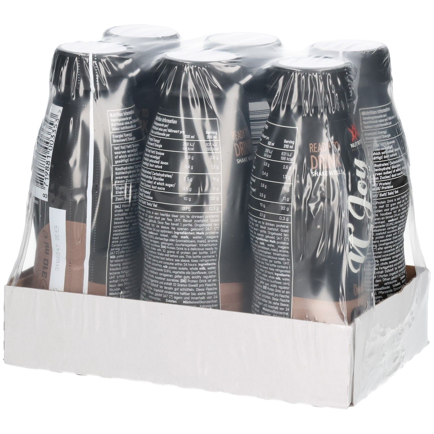 Sechs Flaschen N'Joy Drink in Folie verpackt. Schwarze Flaschen mit weißer Schrift. Auf Kartonbasis.