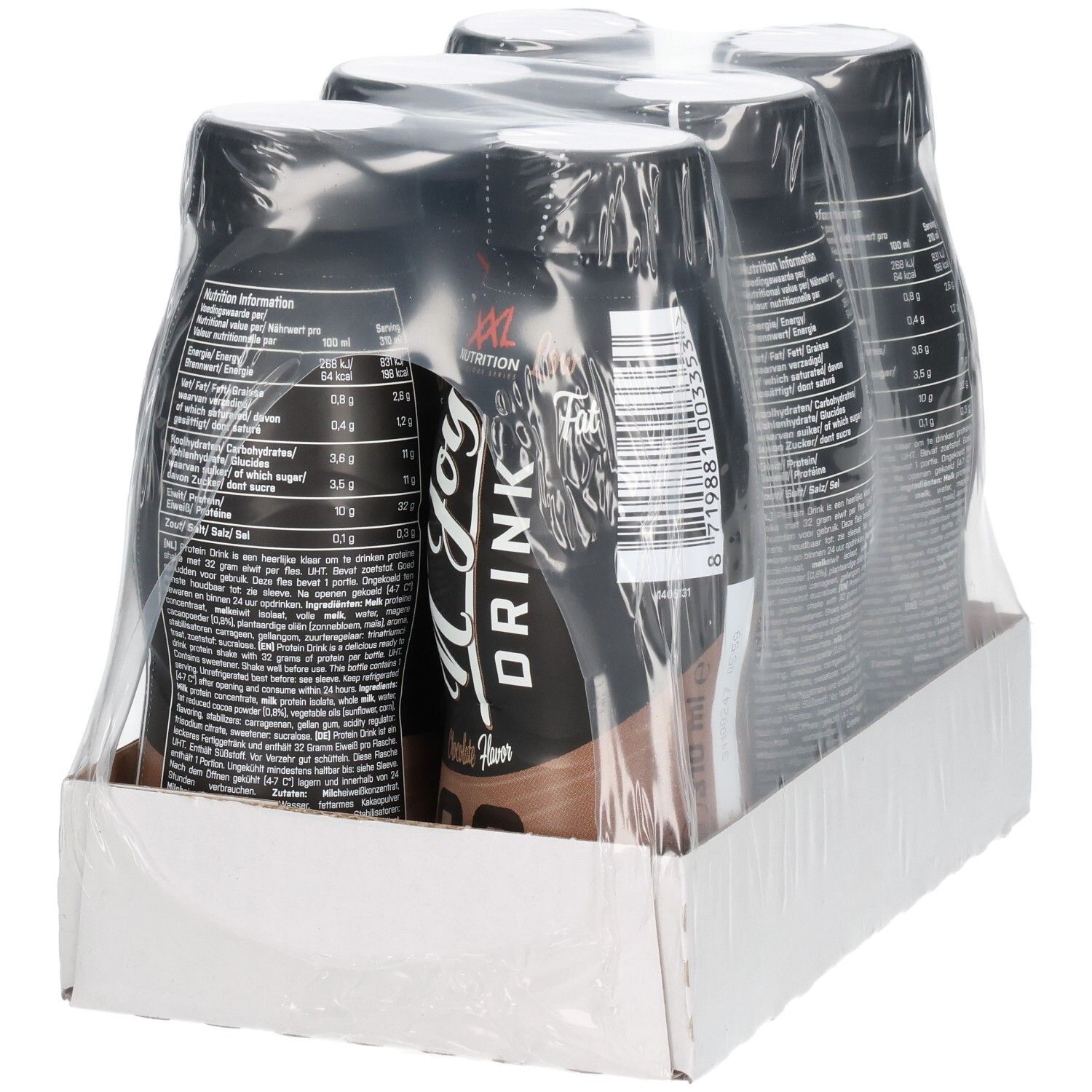 Drei Flaschen N'Joy Drink in Folie verpackt. Schwarze Flaschen mit weißer Schrift. Auf Kartonbasis.