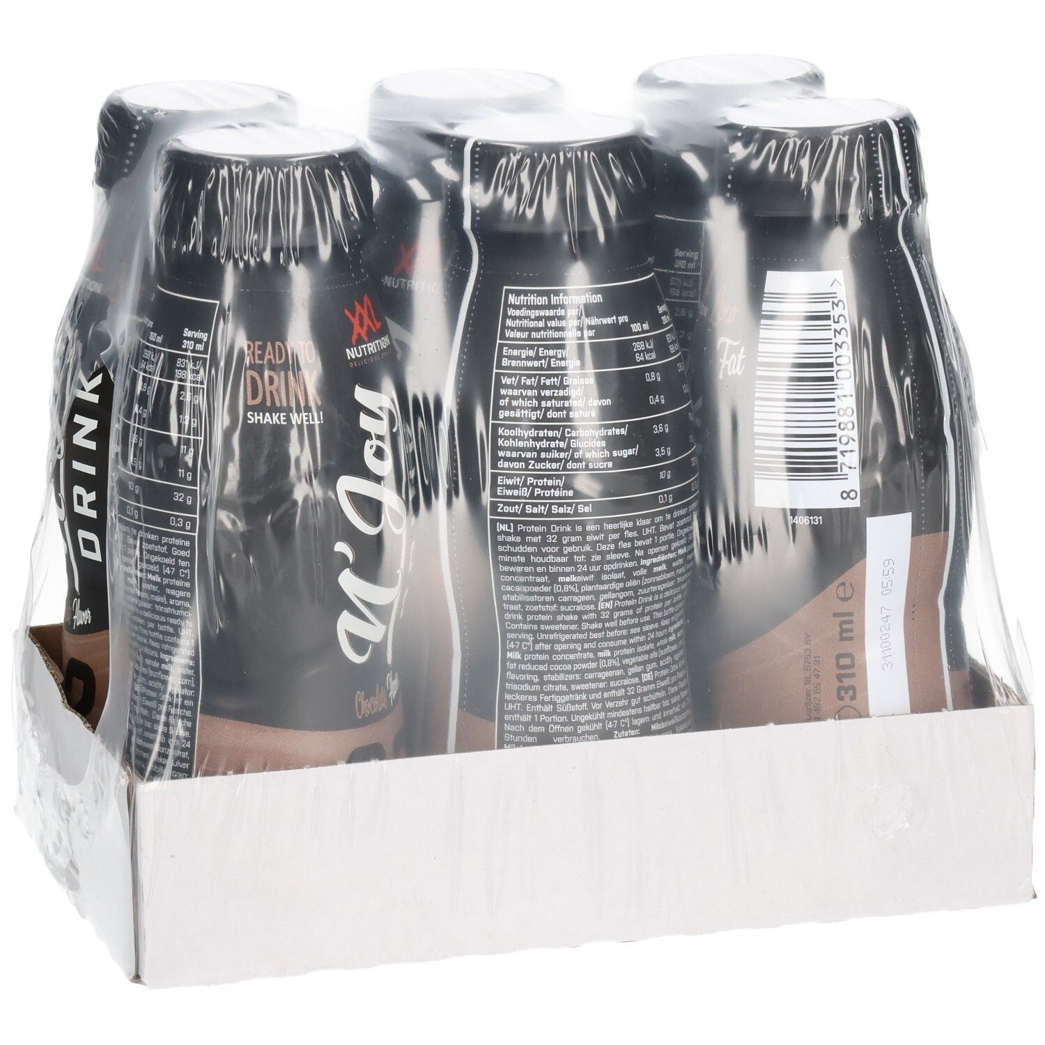Sechs Flaschen N'Joy Drink in Folie verpackt. Schwarze Flaschen mit weißer Schrift. Auf Kartonbasis.