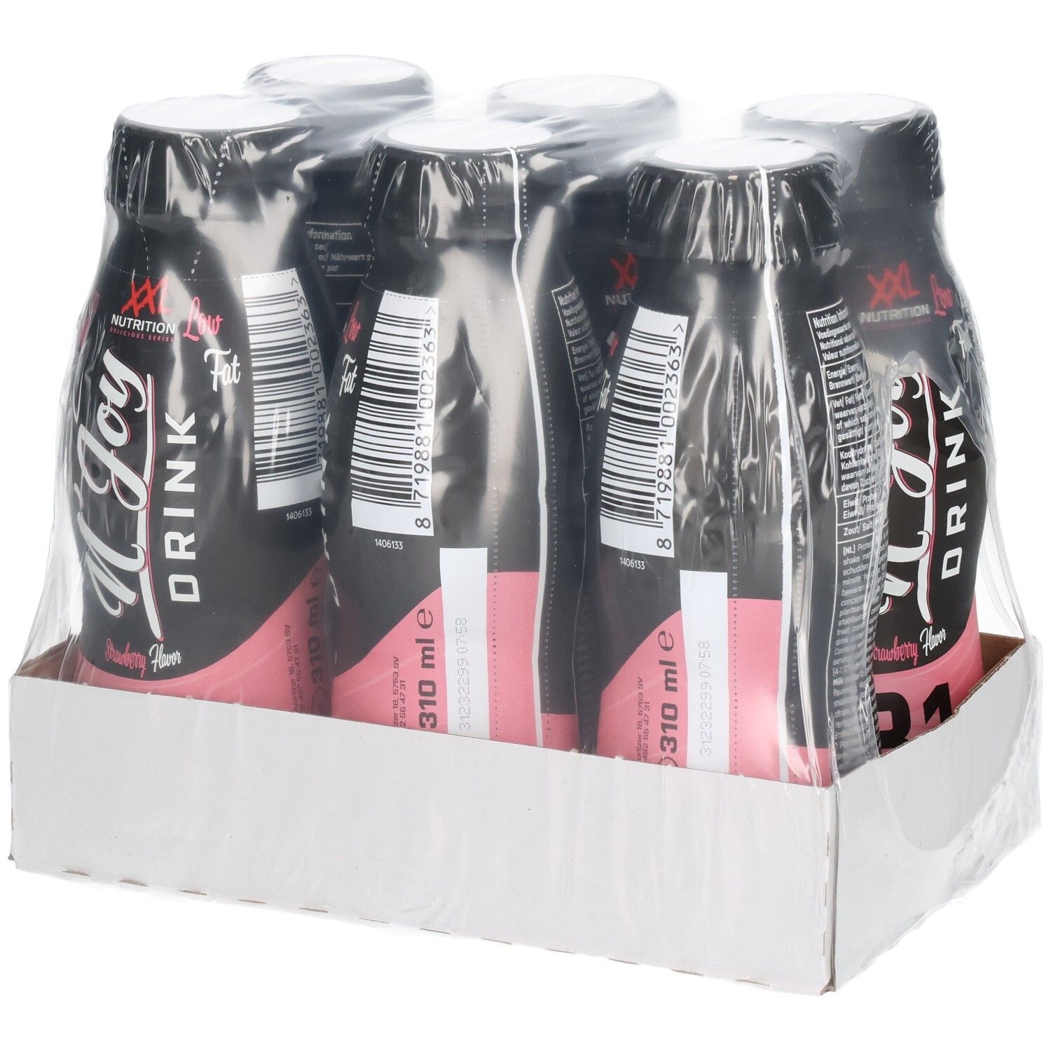 Sechs Flaschen N'Joy Drink in Kartonverpackung. Schwarze Flaschen mit rosa Etikett. XXL Nutrition Logo. Erdbeergeschmack.