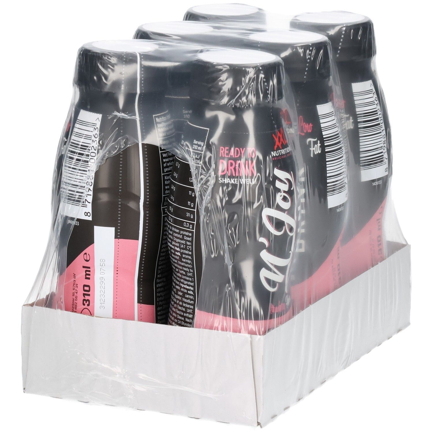Vier Flaschen N'Joy Drink in Kartonverpackung. Schwarze Flaschen mit rosa Etikett. XXL Nutrition Logo. Ready to Drink.
