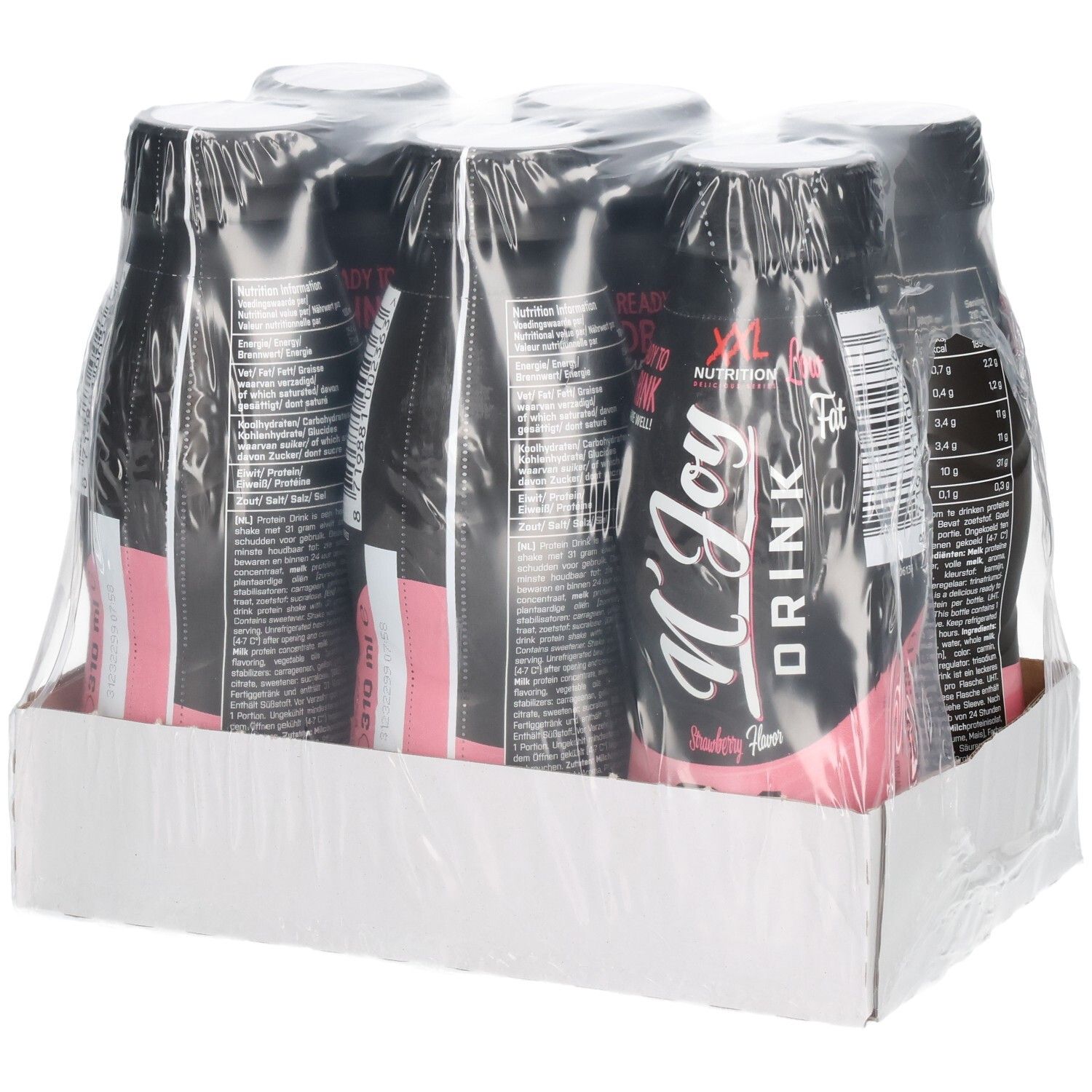 Sechs Flaschen N'Joy Drink in Kartonverpackung. Schwarze Flaschen mit rosa Etikett. XXL Nutrition Logo. Rückseite mit Nährwertangaben.