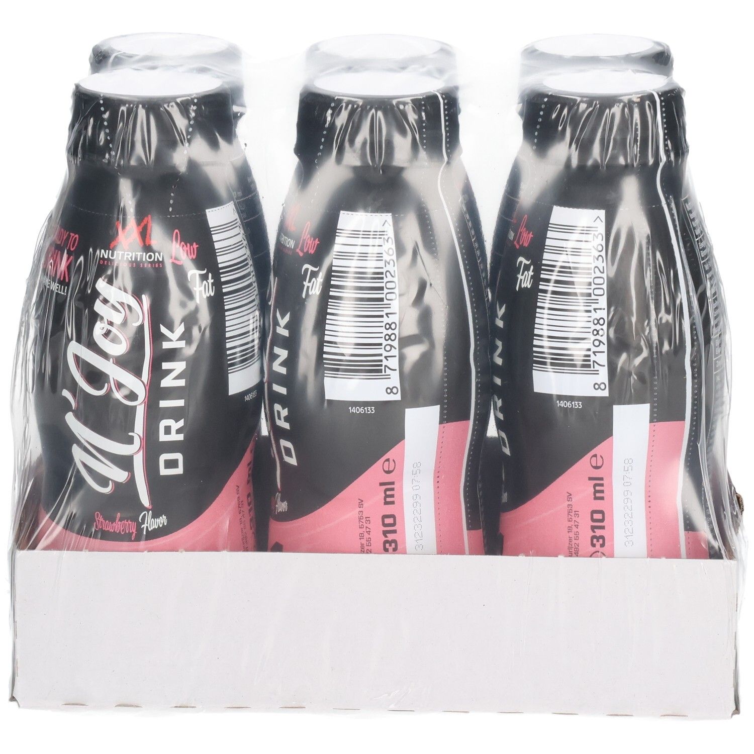 Sechs Flaschen N'Joy Drink in Kartonverpackung. Schwarze Flaschen mit rosa Etikett. XXL Nutrition Logo. Erdbeergeschmack.