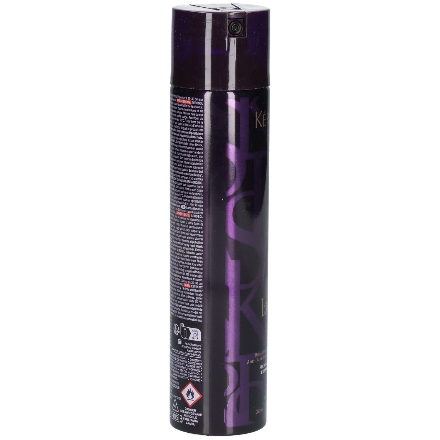 Lila Haarspray-Dose mit silbernem Schriftzug und Sprühkopf.