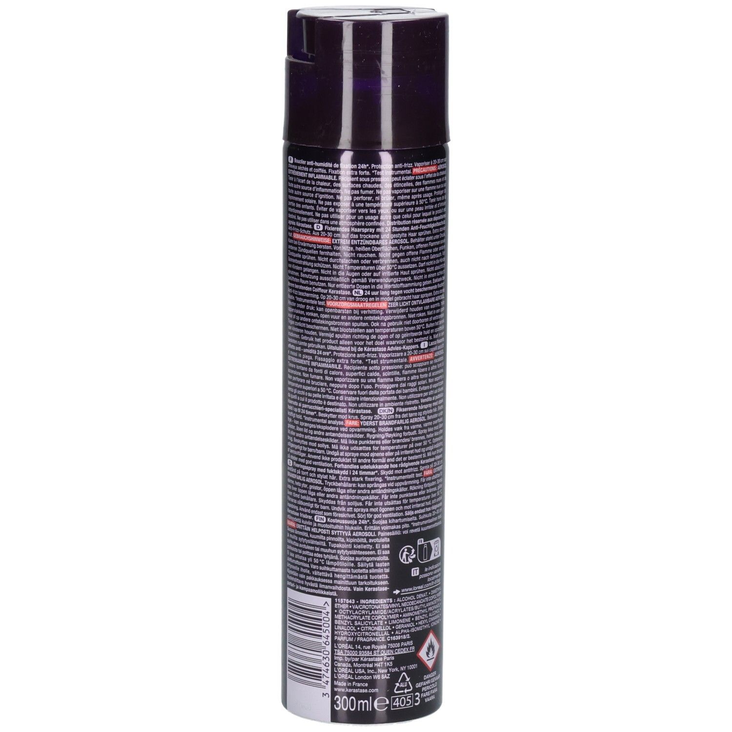 Dunkle Aerosoldose mit schwarzem Deckel und detaillierten Anweisungen auf dem Etikett. 300ml.