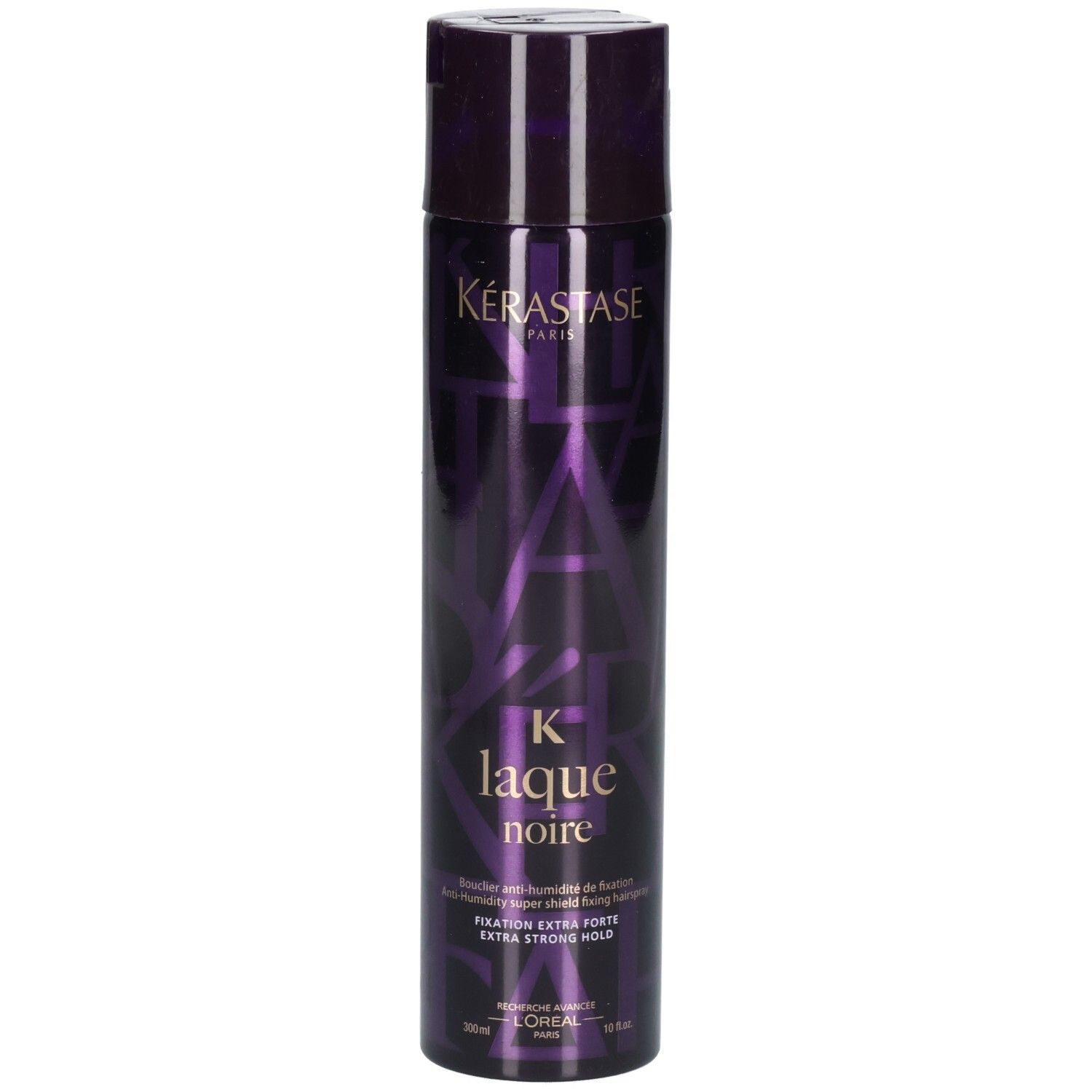 Kérastase Laque Noire Haarspray in dunkler Flasche mit lila Muster. Extra starker Halt.