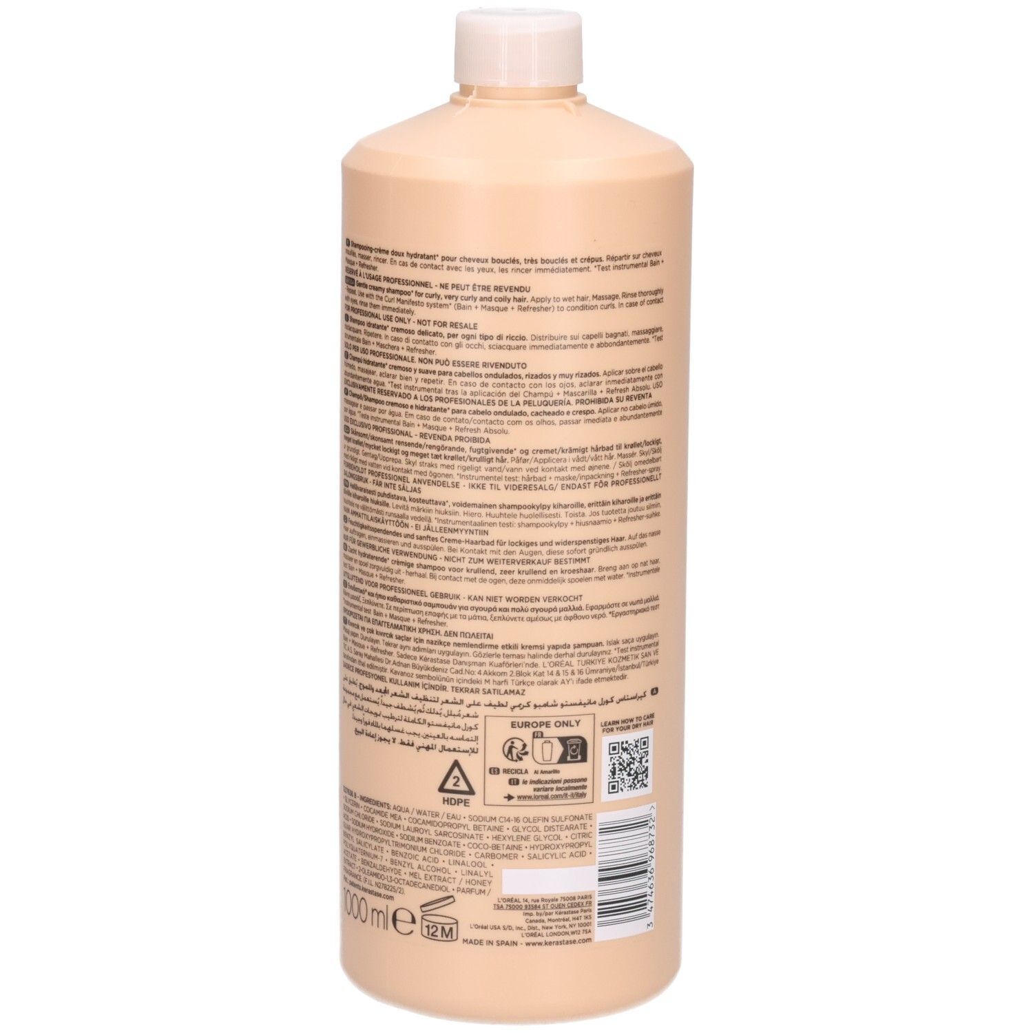 Kérastase Curl Manifesto Shampoo, 1 Liter Flasche, Rückseite mit Text.