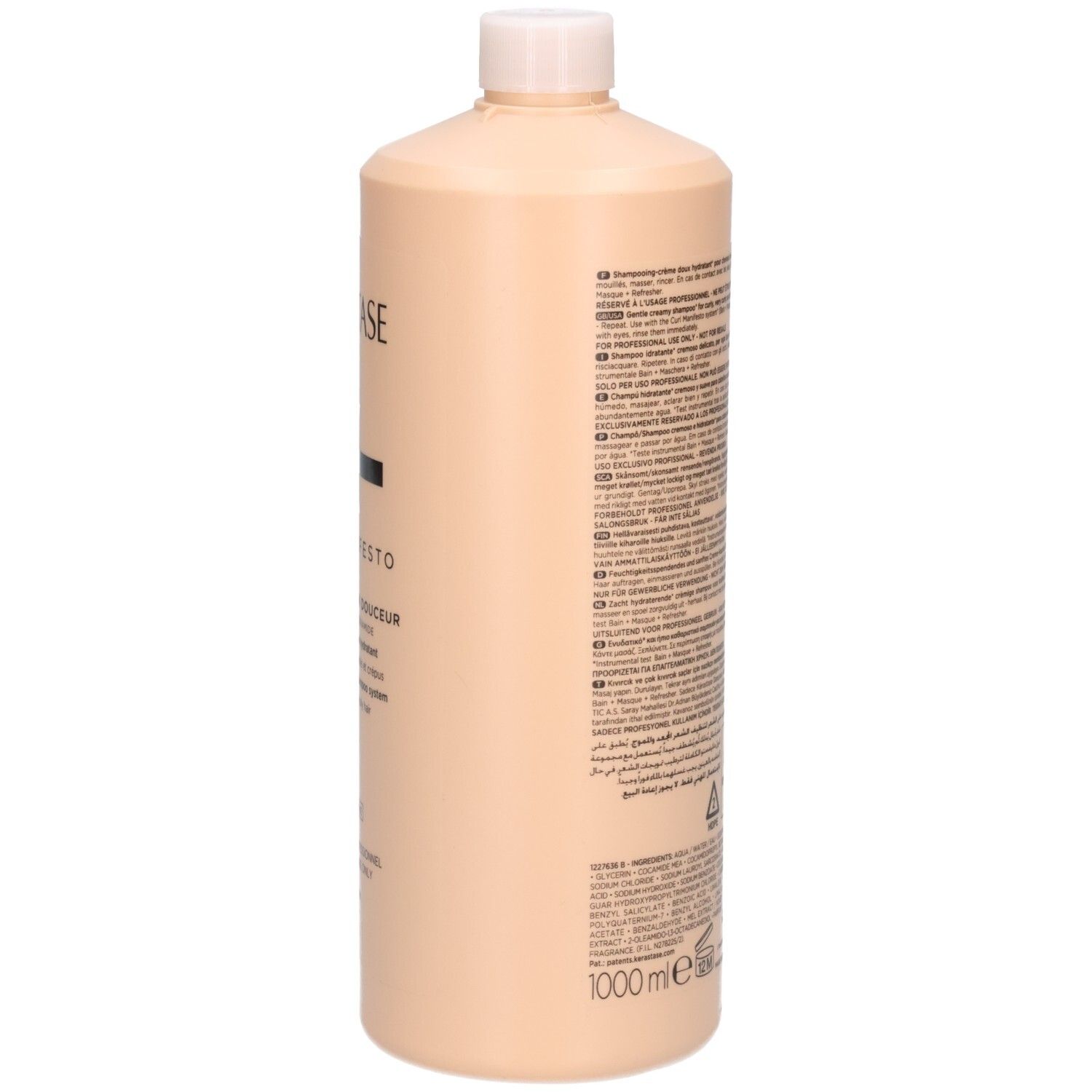 Kérastase Curl Manifesto Shampoo, 1 Liter Flasche, Seite mit Text.