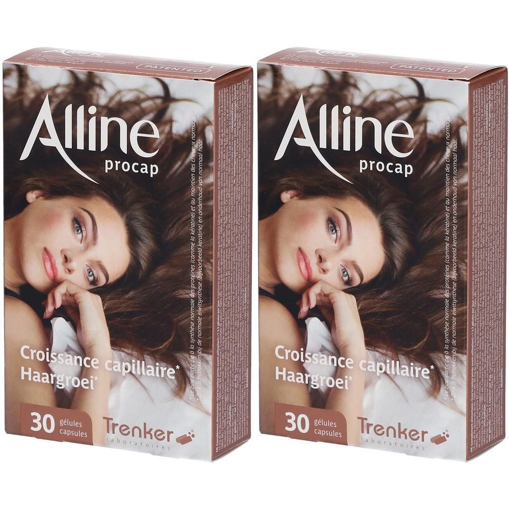 Zwei Packungen mit "Alline procap"-Kapseln. Aufdruck: "Crecimiento capilar", "30 cápsulas", "Trenker". Abbildung einer Frau mit langen Haaren.