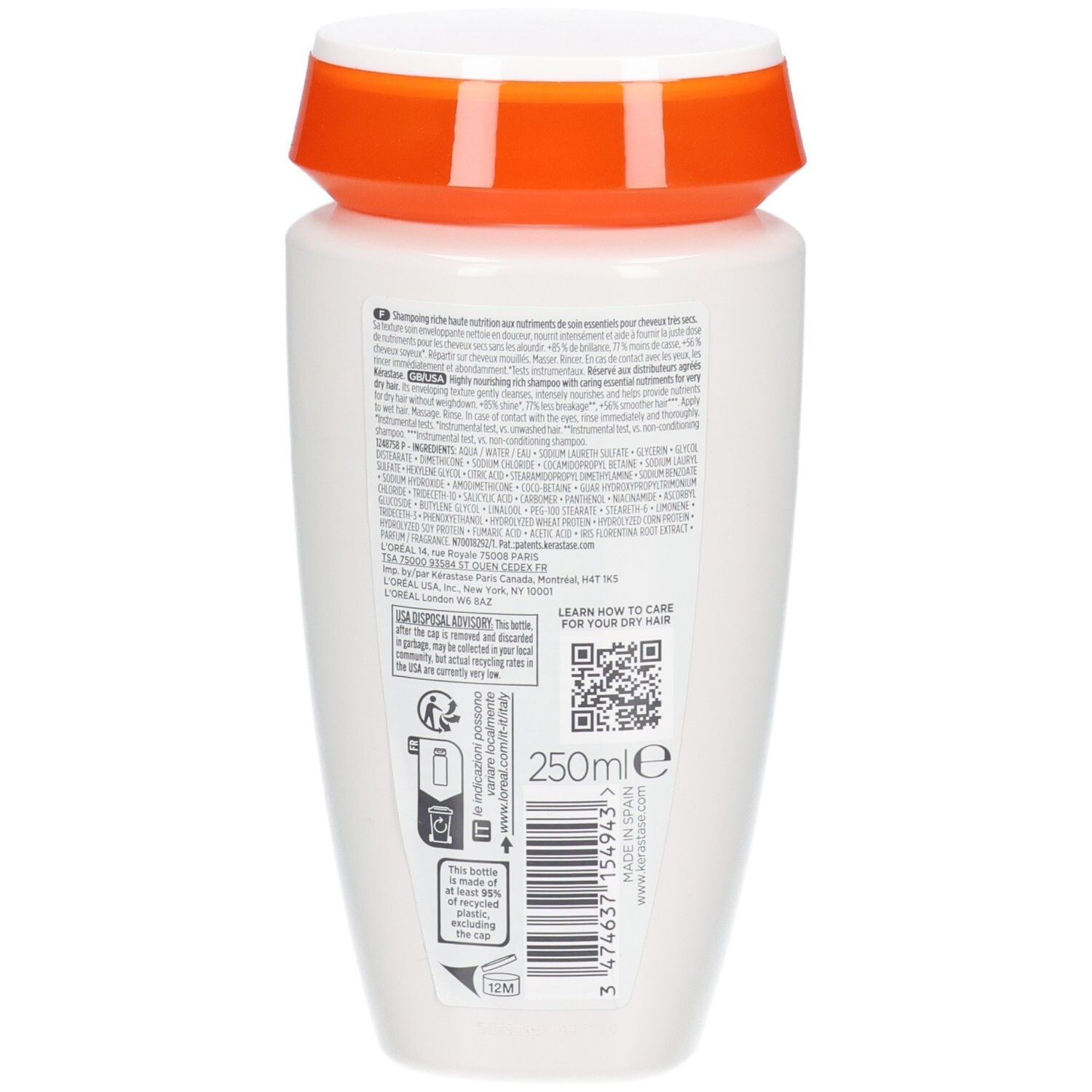 Rückseite der Kérastase Nutritive Bain Satin Riche Shampoo-Flasche mit Inhaltsstoffen und QR-Code. 250ml.