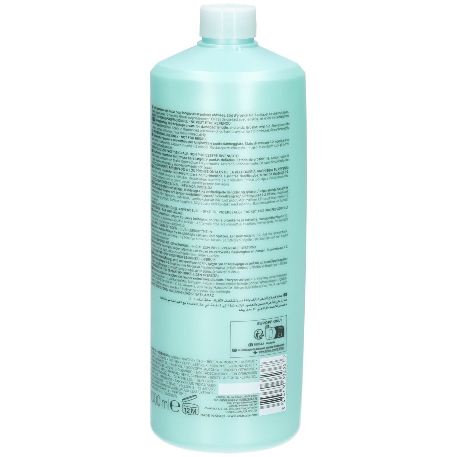 Rückseite Kérastase Resistance Ciment Anti-Usure Flakon. Zeigt Produktinformationen und Volumen 1000ml.