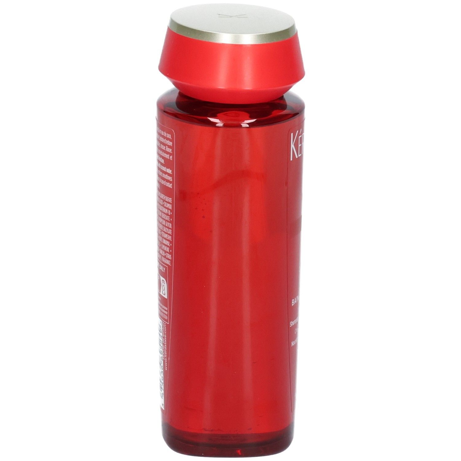 Rote Kérastase Soleil Bain Après-Soleil Flasche, Rückansicht mit Text.